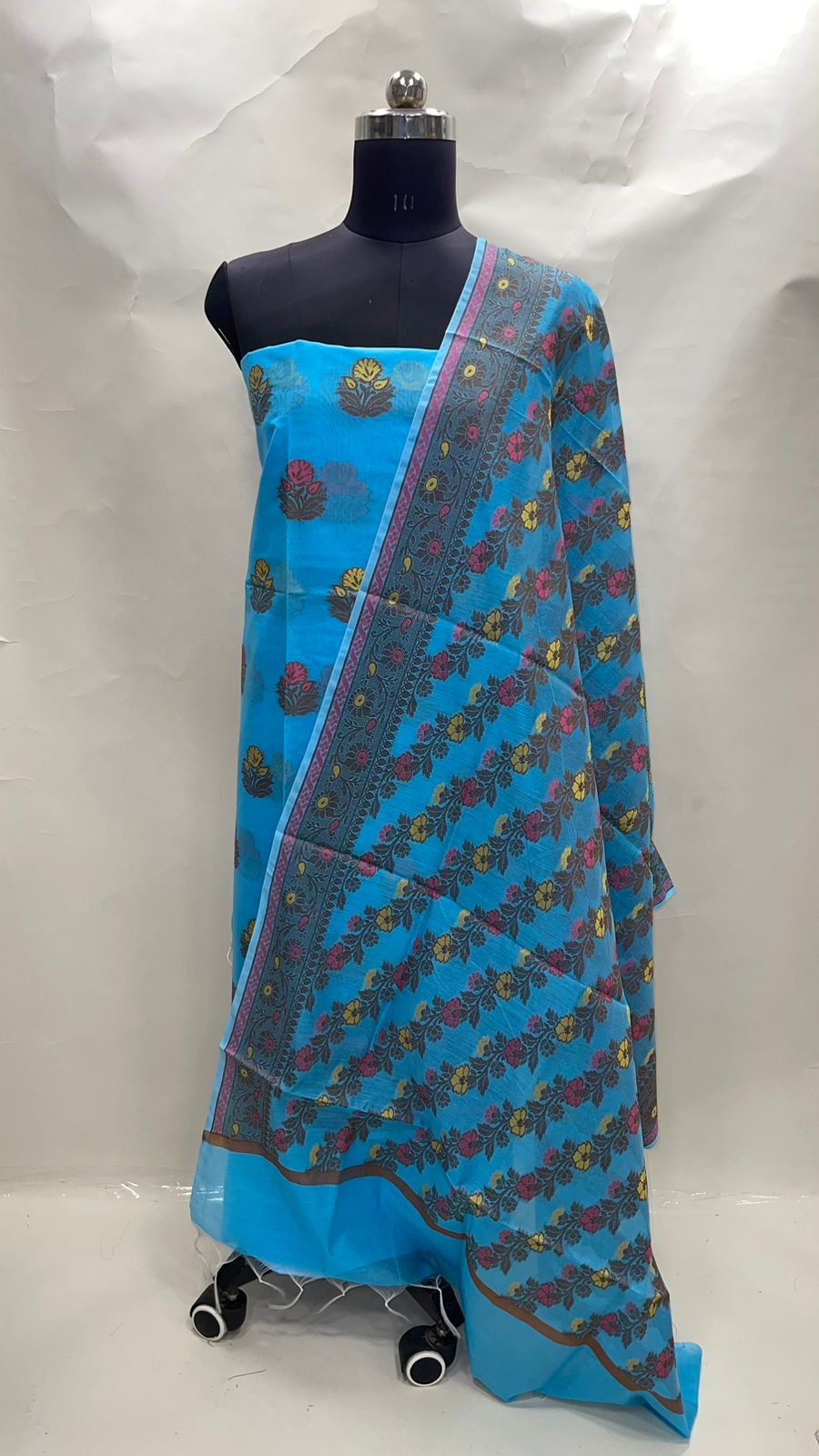 Faishana Presents SkyBlue Cotton Resham Zari Floral Mina Boota 3pcs Suit Set accompanied with Plain Bottom and Resham Zari Mina Stripe Jaal SkyBlue Dupatta