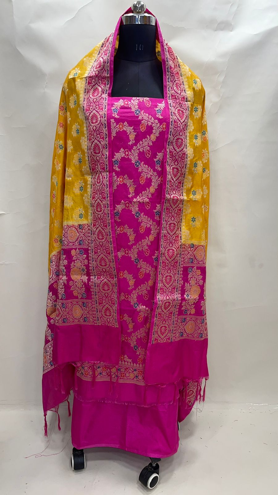 Faishana Presents Pink Katan Georgette Dyeable 3pcs Suit Set accompanied with Plain Bottom and Top Zig Zag Stripe Meena Booti with Yellow and Pink Meena Booti Contrast Dupatta