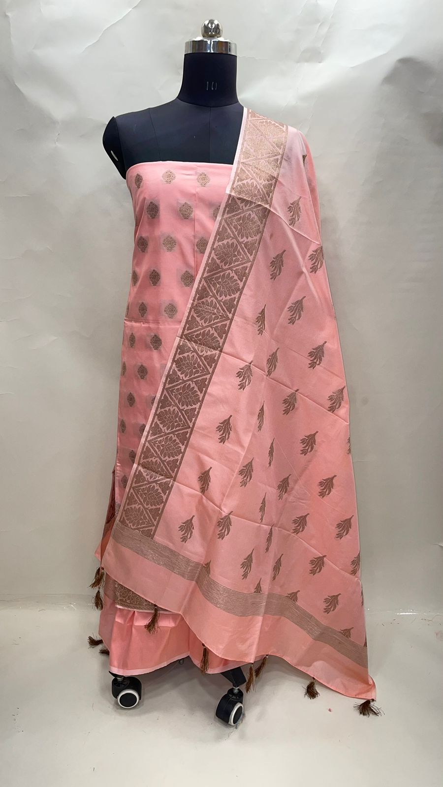 Faishana Presents Peach Katan Silk 3pcs Suit Set accompanied with Plain Bottom and Top Copper Zari Booti with Peach Copper Booti Katan Silk Dupatta