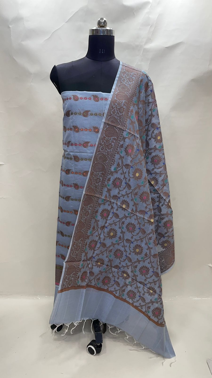 Faishana Presents Grey Cotton Resham Copper Zari 3pcs Suit Set accompanied with Plain Bottom and Top Copper Zari Cotton Small Booti Stripe with Grey Mina Jaal Dupatta