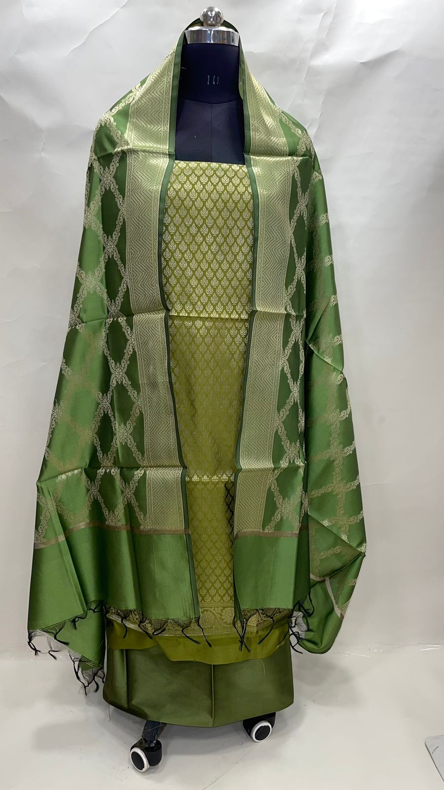 Faishana Presents Olive Green Taffeta Silk 3pcs Suit Set accompanied with Plain Bottom and Top Golden Zari Booti & Olive Green Diagonal Zari Jaal Taffeta Silk Dupatta