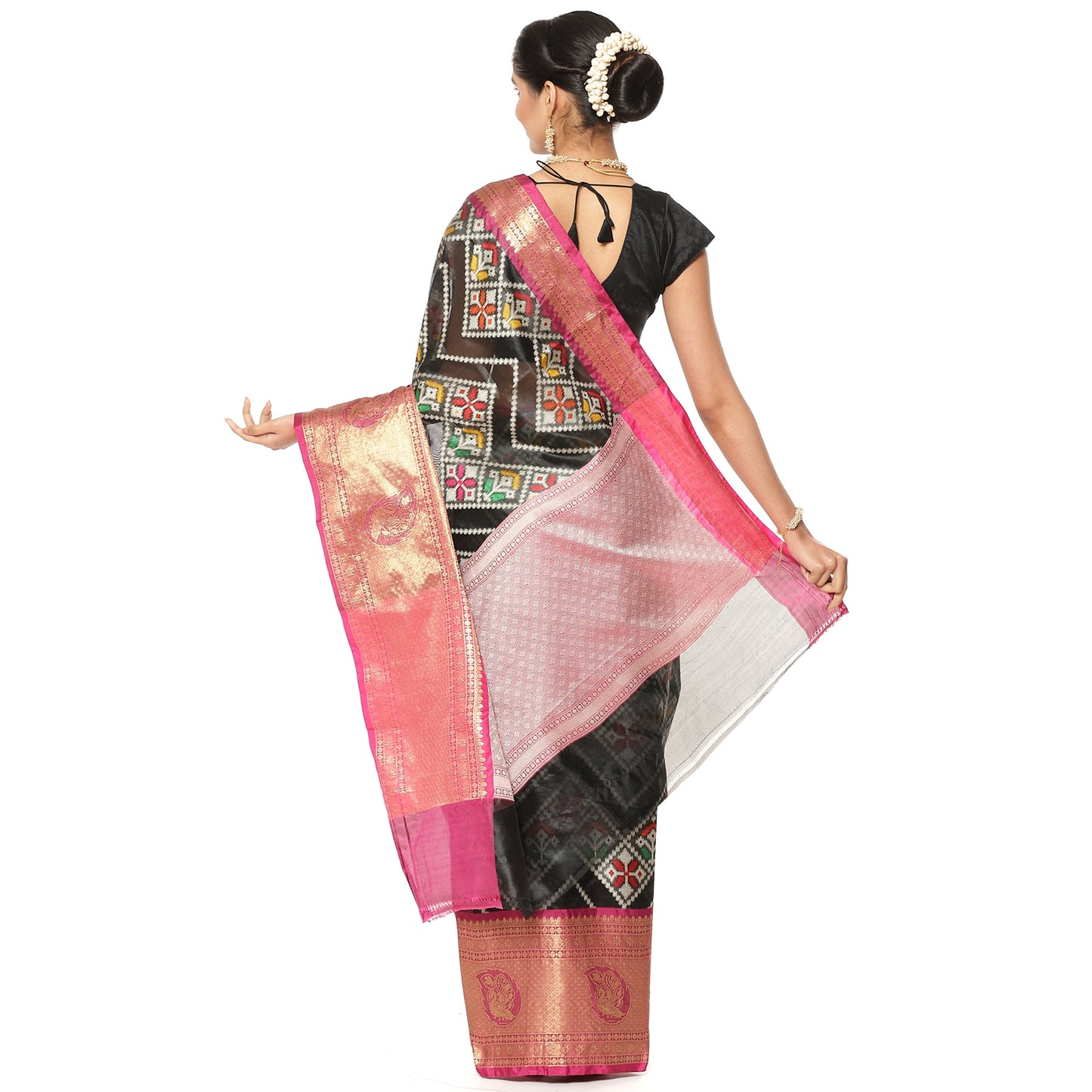 Faishana Presents Black Art Silk Meena Ikat Patola Pattu Banarasi Saree With Maroon Blouse