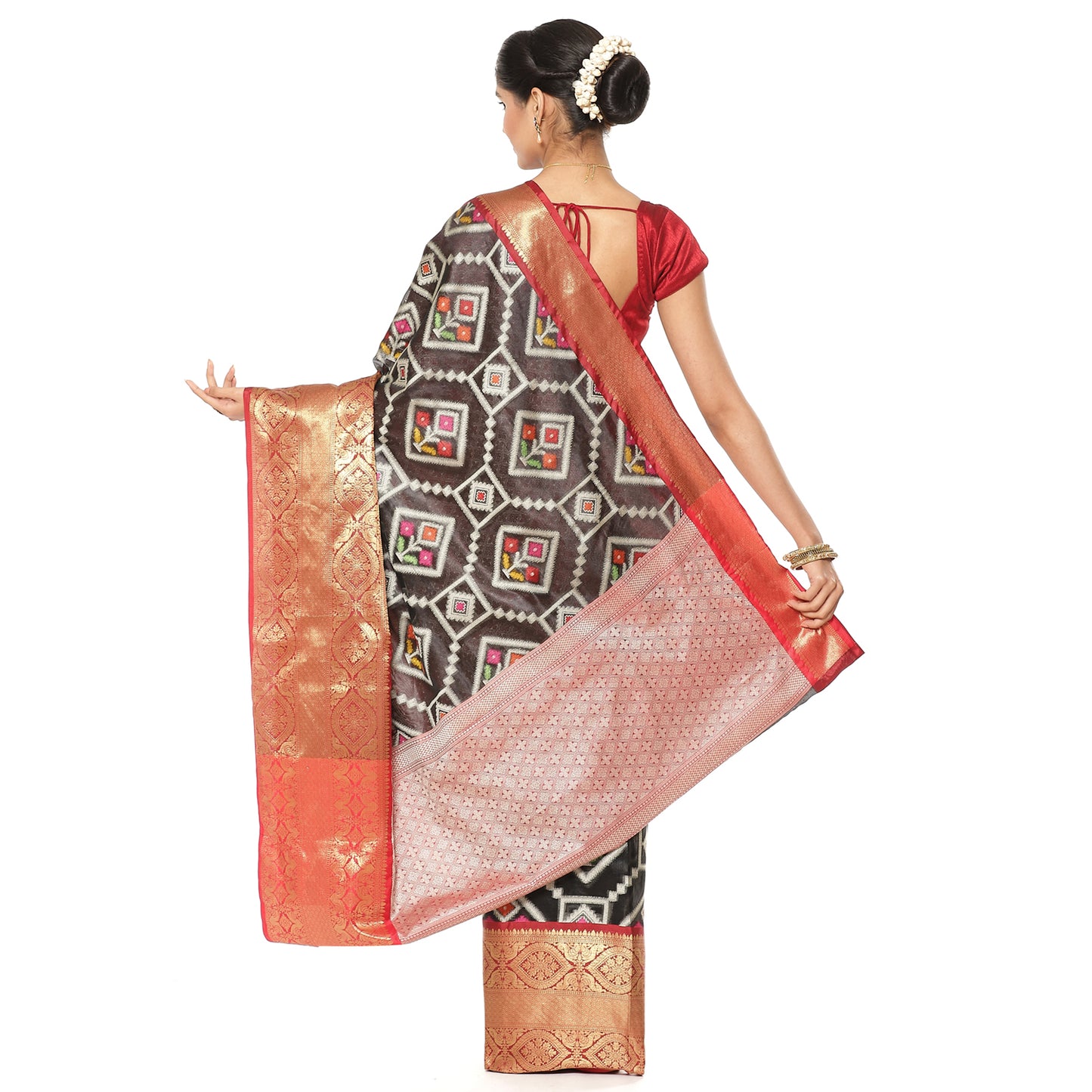 Faishana Black Art Silk Meena Ikat Patola Pattu Banarasi Saree With Maroon Blouse