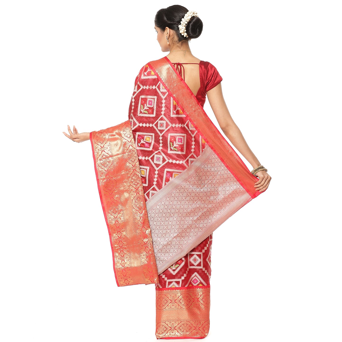 Faishana Presents Maroon Art Silk Meena Ikat Patola Patu Banarasi Saree With Maroon Blouse Piece