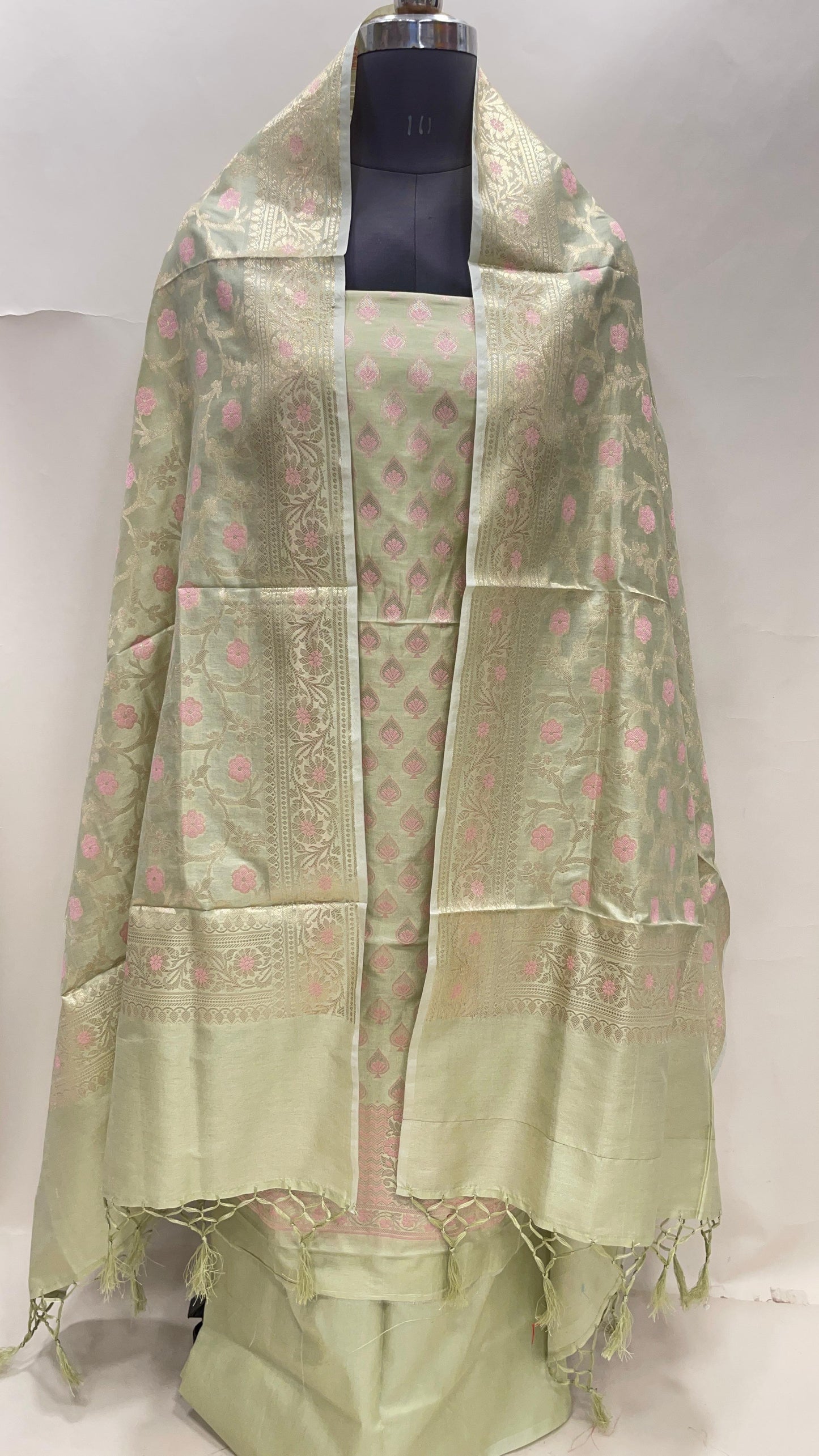 Faishana Presents Pista Green Semi Katan Silk 3 pcs Suit Set with Plain Bottom and Top Floral Mina Zari Booti with Minakari Jaal Pistachio Dupatta ASD_118
