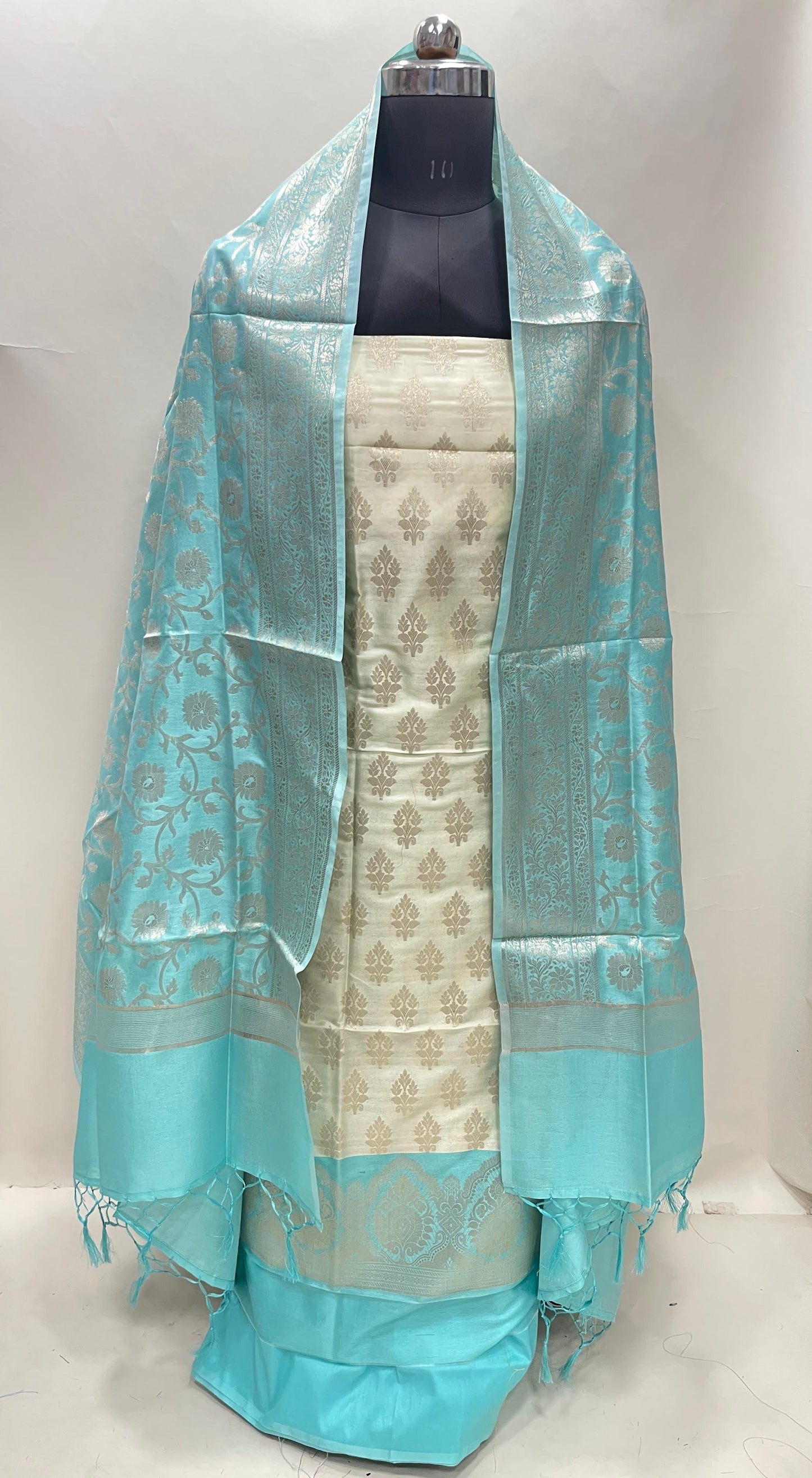 Faishana Presents Off white Semi Katan Silk Floral Zari Booti 3 pcs Suit Set with Contrast Blue Plain Bottom and Tilfi Jaal Blue Dupatta ASD_121