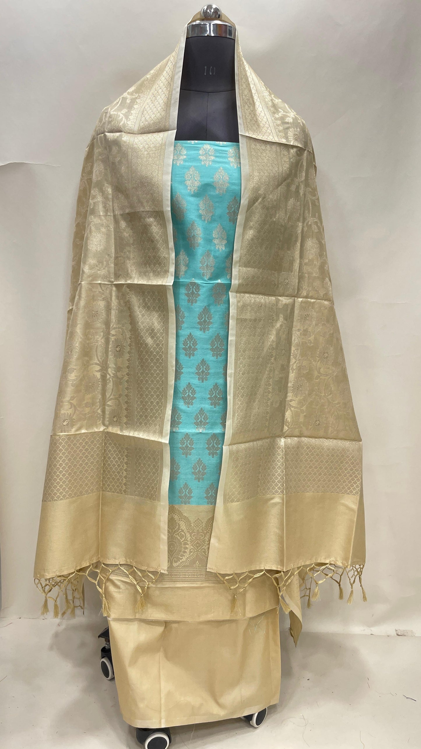Faishana Presents Light Blue Semi Katan SilkFloral Zari Booti 3 pcs Suit Set with Contrast Beige Plain Bottom and Tilfi Jaal Beige Dupatta ASD_124