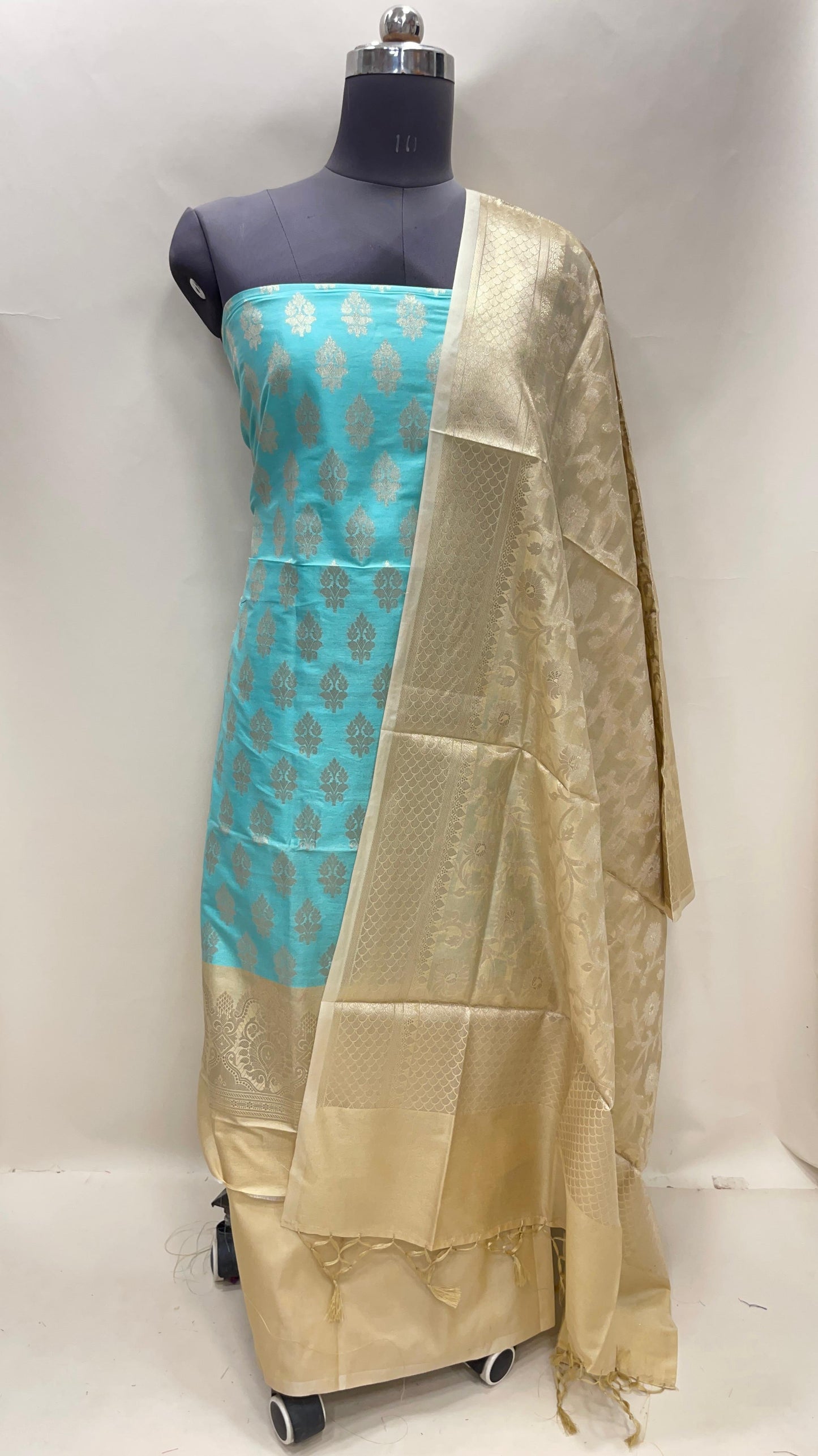 Faishana Presents Light Blue Semi Katan SilkFloral Zari Booti 3 pcs Suit Set with Contrast Beige Plain Bottom and Tilfi Jaal Beige Dupatta ASD_124