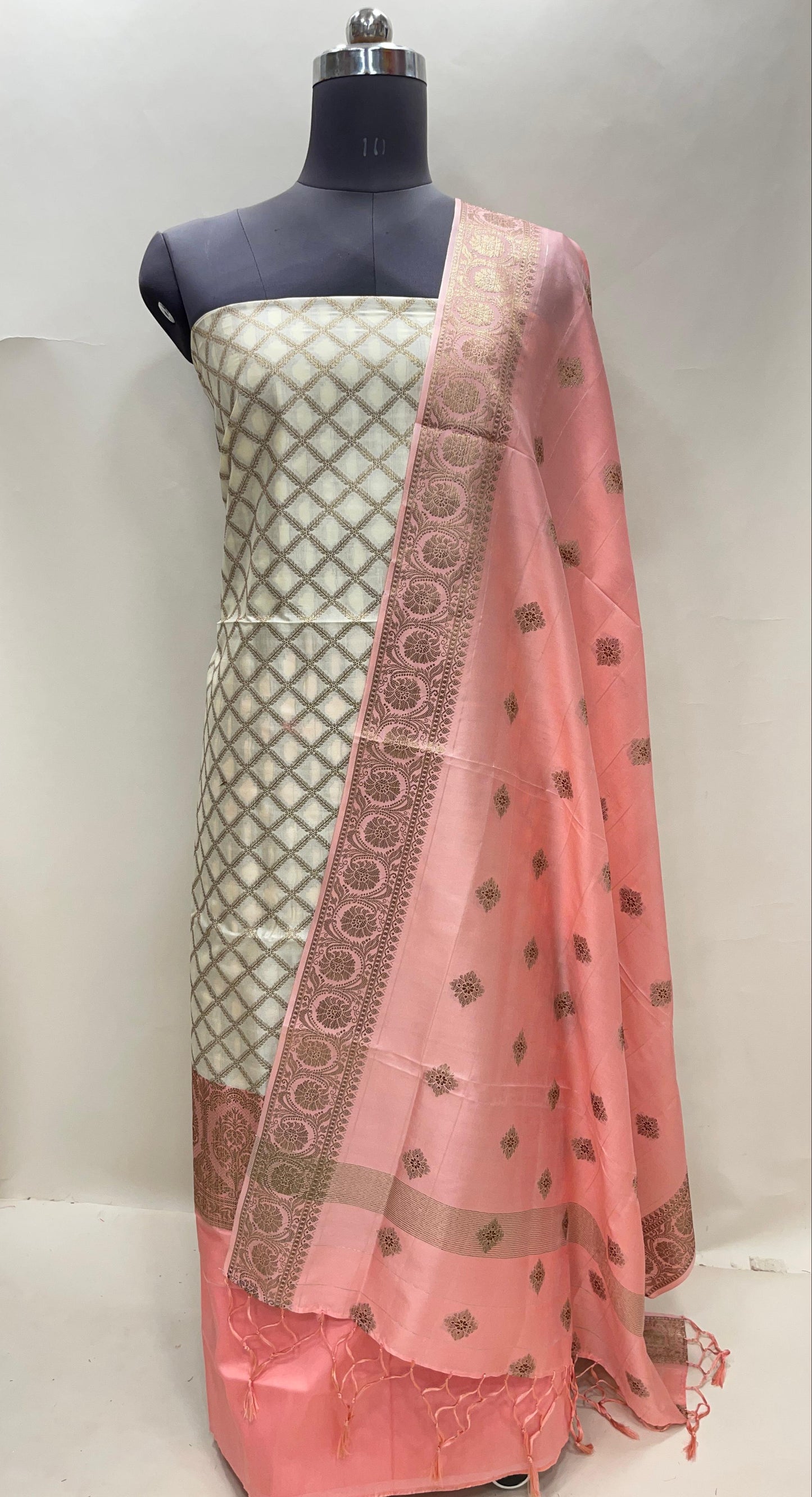 Faishana Presents Off white Semi Katan Silk Checkered Striped 3 pcs Suit Set with Contrast Peach Plain Bottom and Floral Zari Booti Peach Dupatta ASD_127