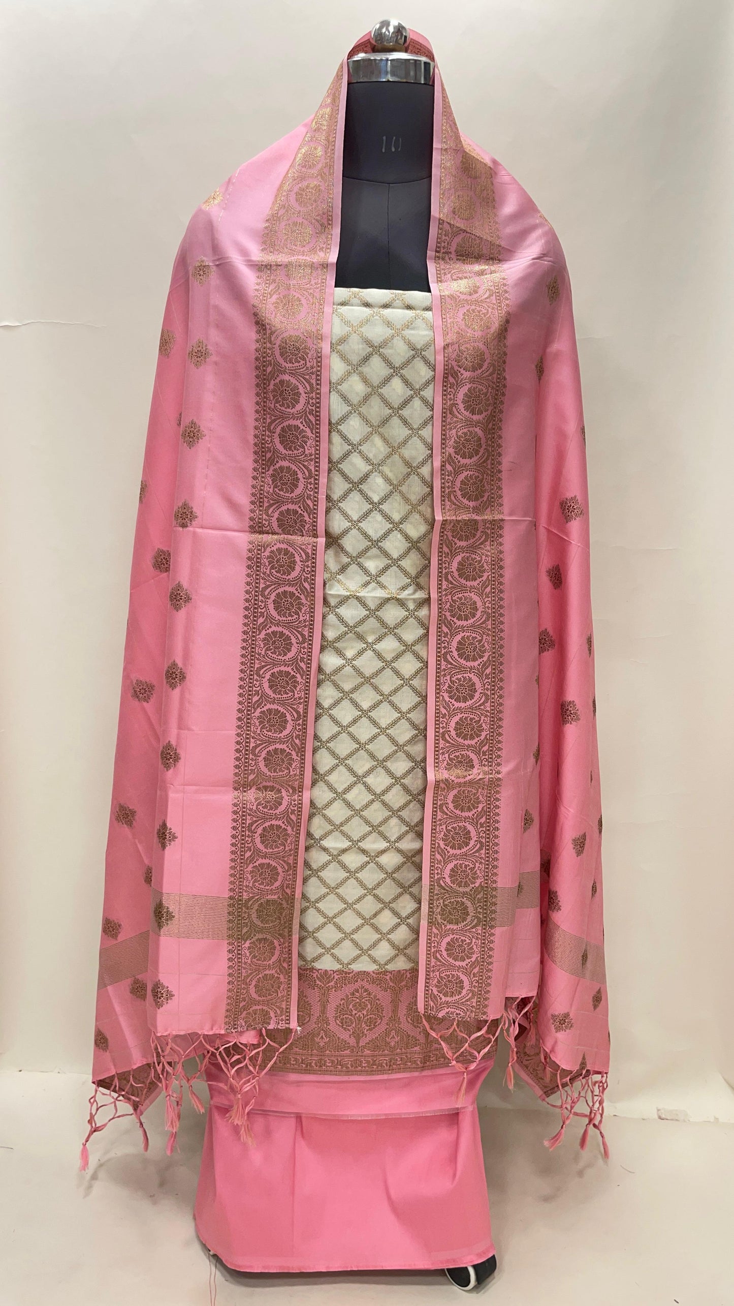 Faishana Presents Off white Semi Katan Silk Checkered Striped 3 pcs Suit Set with Contrast Baby Pink Plain Bottom and Floral Zari Booti Baby Pink Dupatta ASD_130