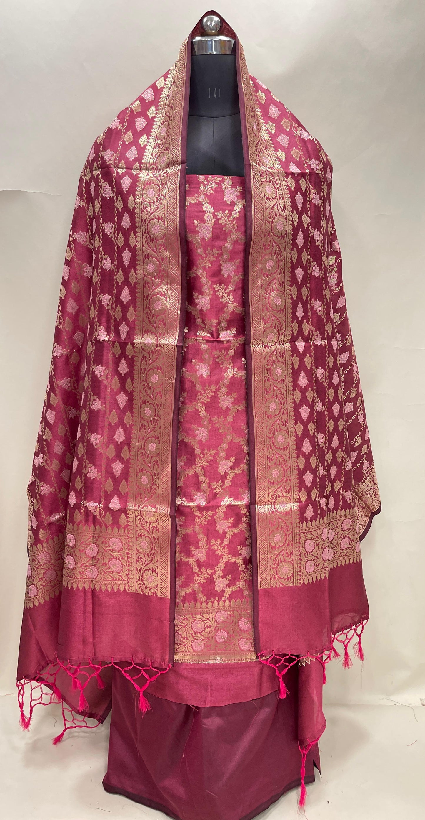 Faishana Presents Magenta Floral Minakari Zari Jaal 3 pcs Suit Set with Plain Bottom and Lehariya Stripe Minakari Booti Magenta Dupatta ASD_131