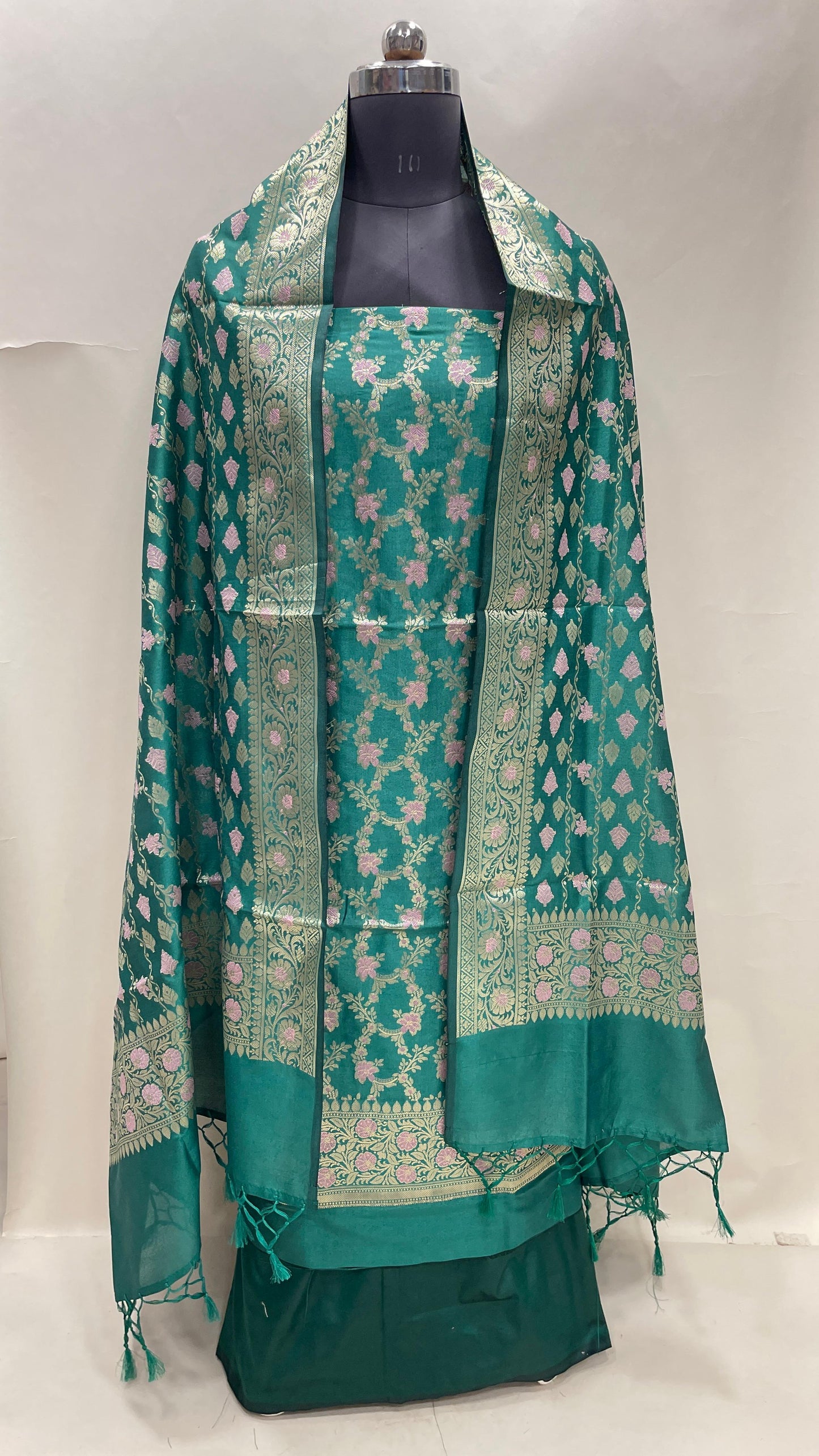 Faishana Presents Sea Green Floral Minakari Zari Jaal 3 pcs Suit Set with Plain Bottom and Lehariya Stripe Minakari Booti Sea Green Dupatta ASD_132