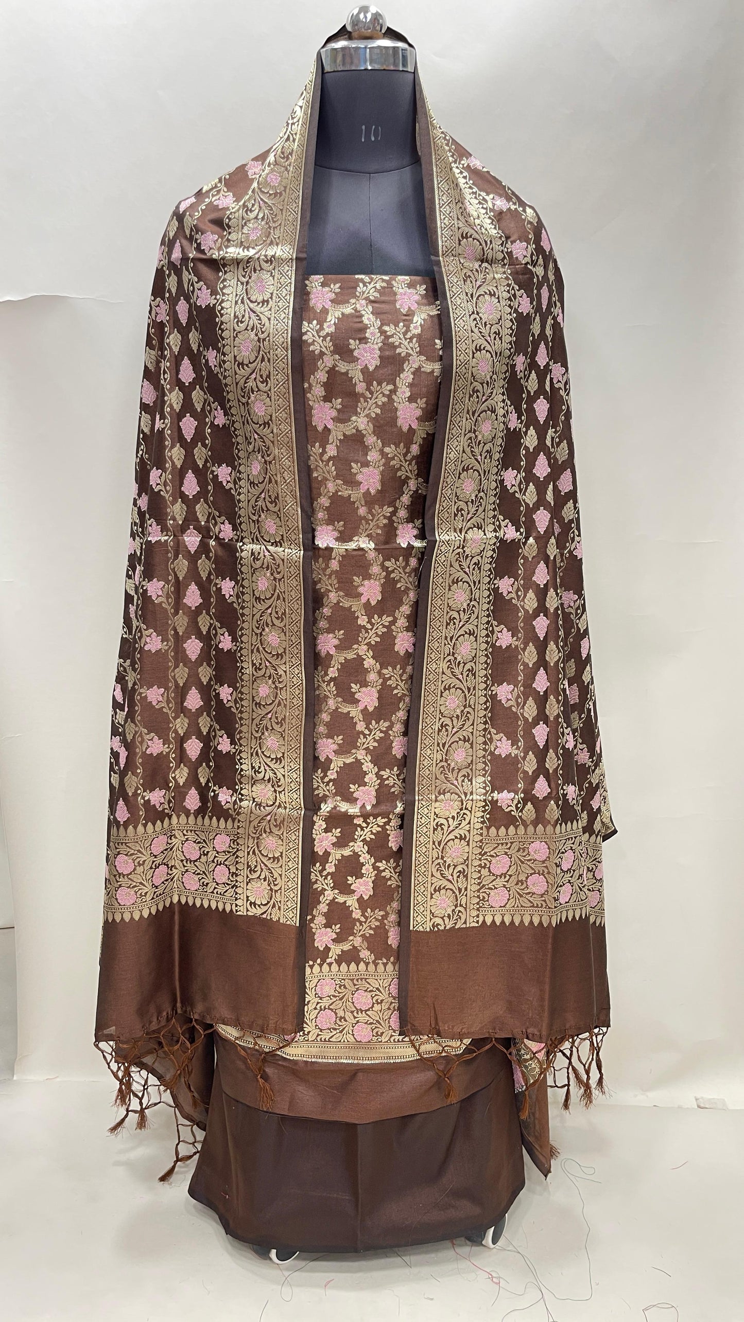 Faishana Presents Brown Magenta Floral Minakari Zari Jaal 3 pcs Suit Set with Plain Bottom and Lehariya Stripe Minakari Booti Brown Dupatta ASD_134