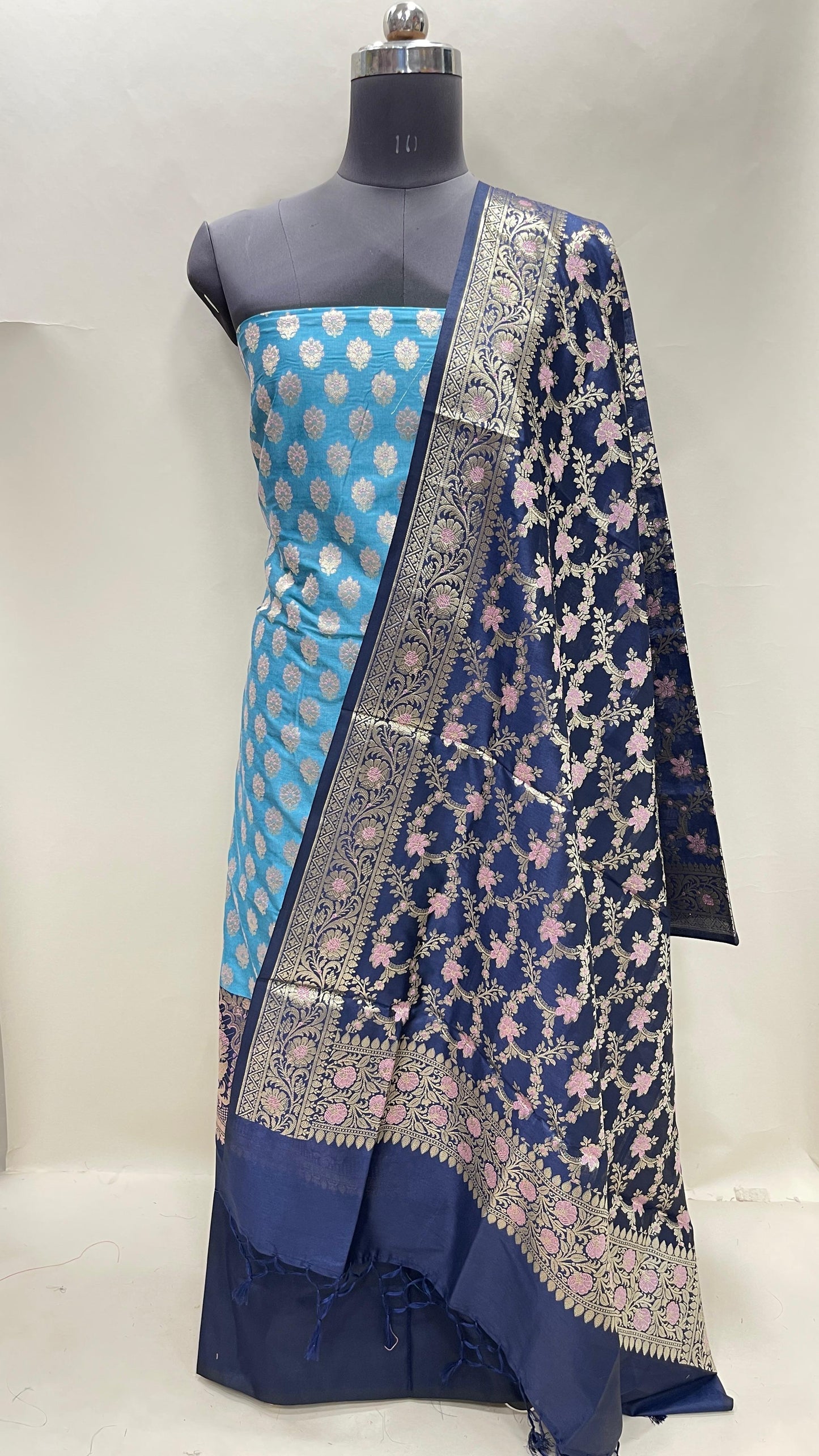 Faishana Presents Sky Blue Floral Zari Booti 3 pcs Suit Set with Contrast Navy Blue Plain Bottom and Floral Minakari Zari Jaal Navy Blue Dupatta ASD_137