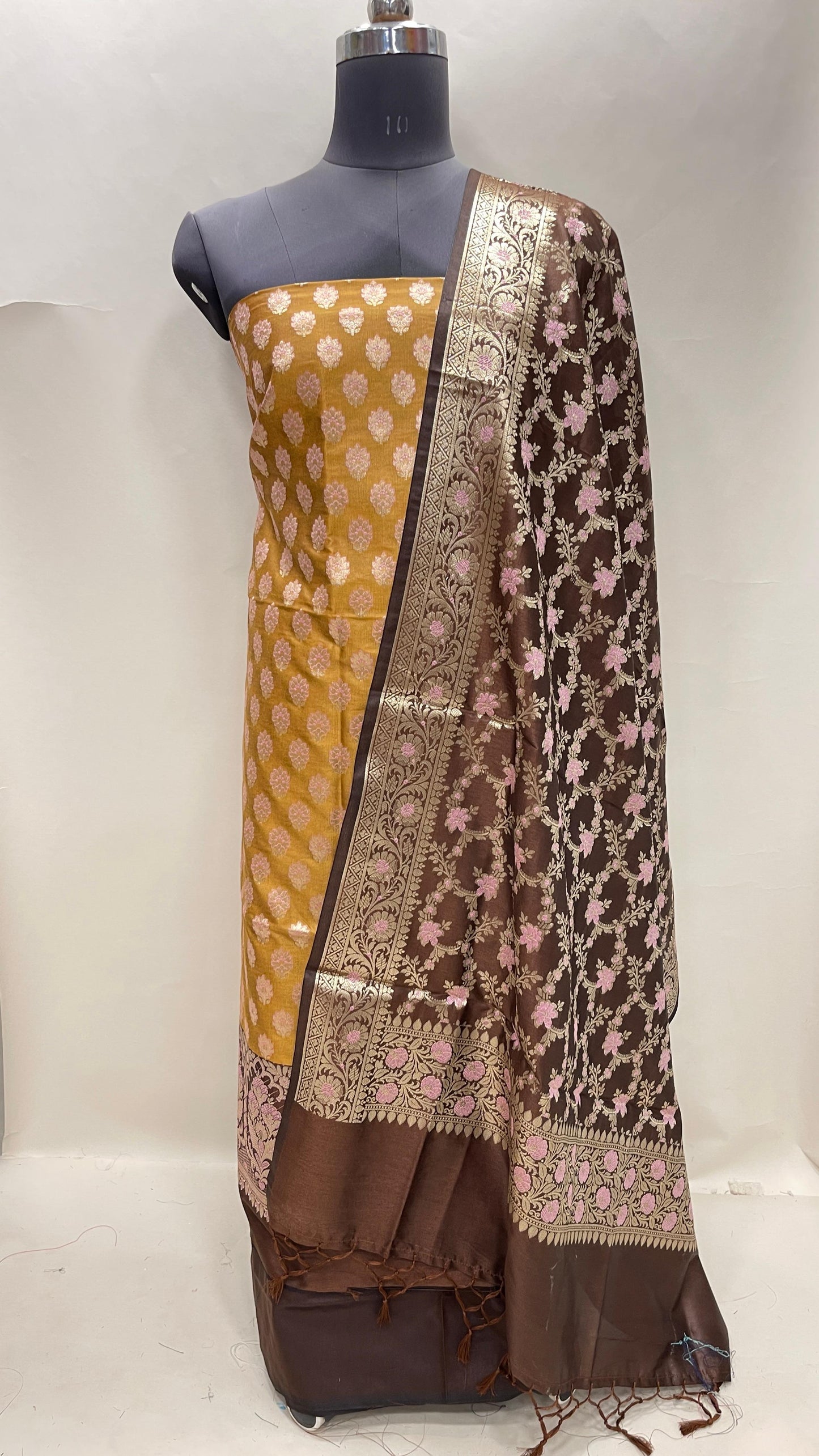 Faishana Presents Mustard Gold Floral Zari Booti 3 pcs Suit Set with Contrast Brown Plain Bottom and Floral Minakari Zari Jaal Brown Dupatta ASD_138