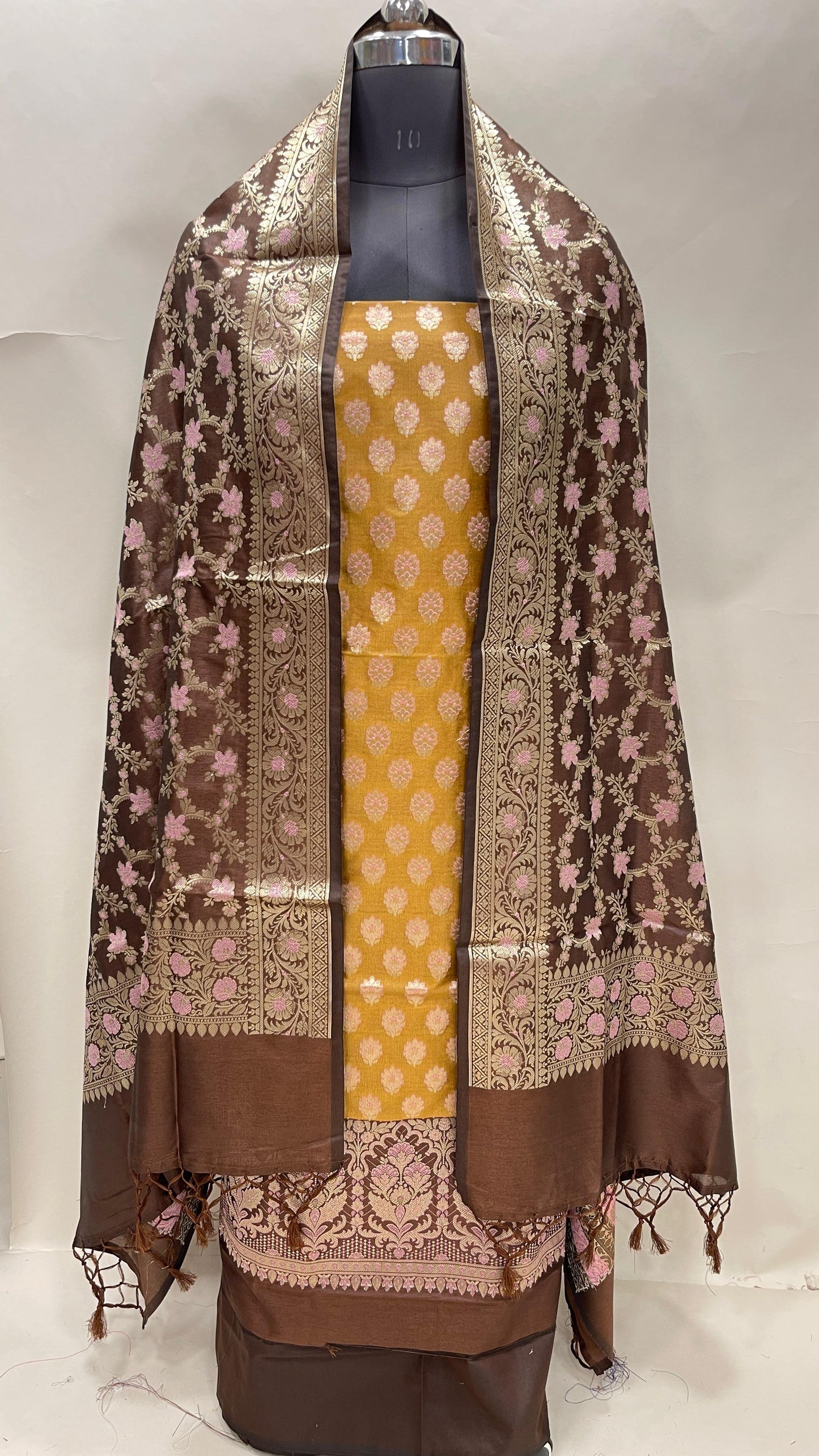 Faishana Presents Mustard Gold Floral Zari Booti 3 pcs Suit Set with Contrast Brown Plain Bottom and Floral Minakari Zari Jaal Brown Dupatta ASD_138