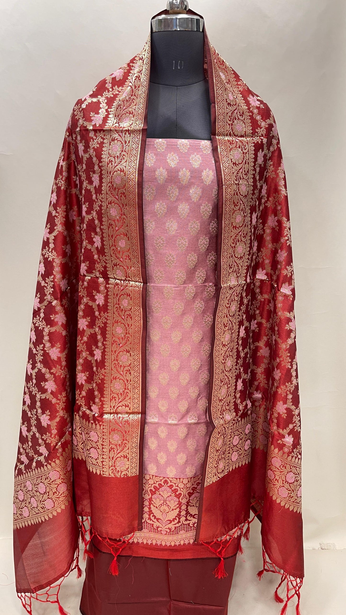 Faishana Presents Rose Pink Floral Zari Booti 3 pcs Suit Set with Contrast Red Plain Bottom and Floral Minakari Zari Jaal Red Dupatta ASD_139