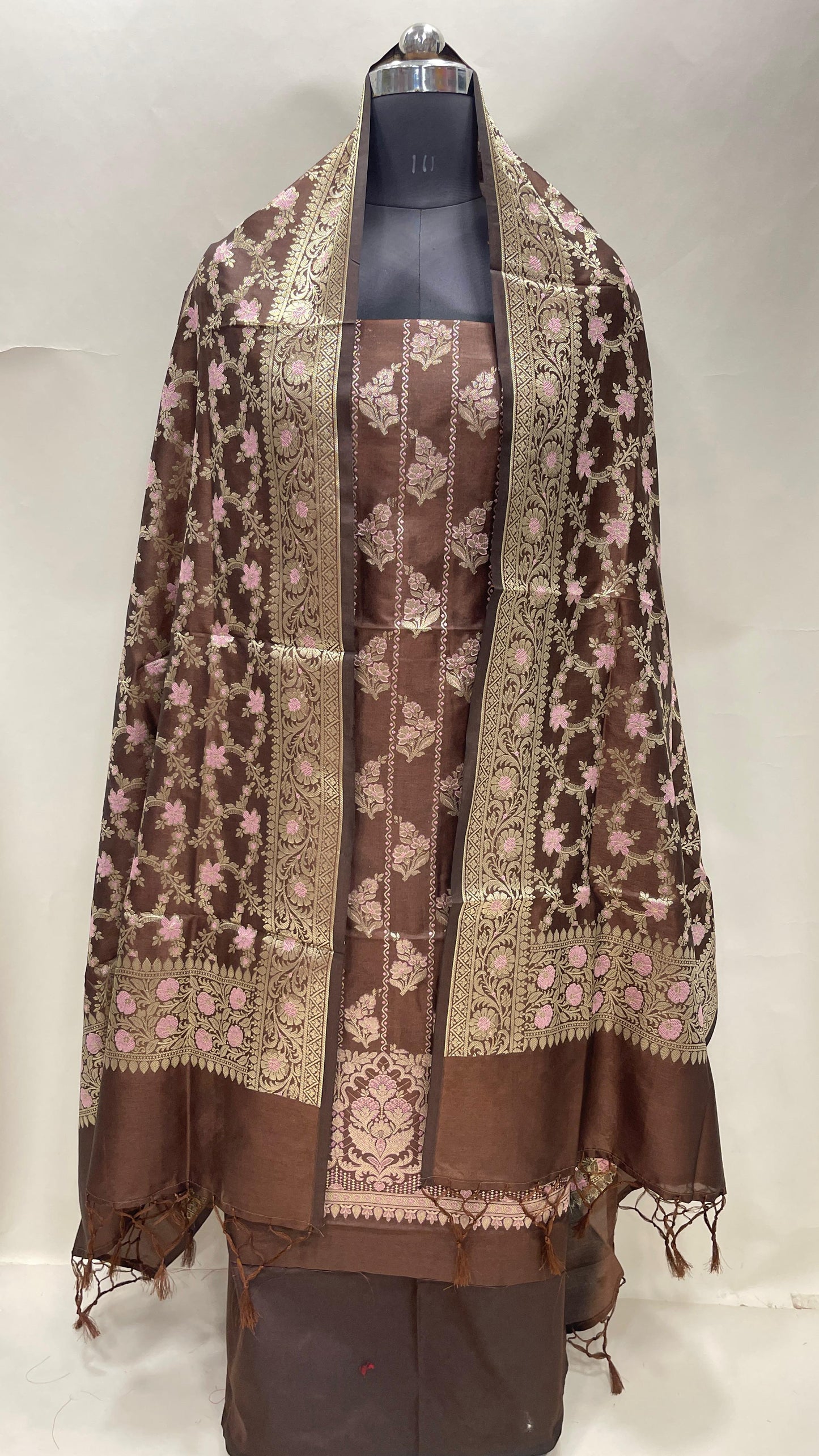 Faishana Presents Brown Semi Katan Silk Floral Minakari Booti Stripe 3 pcs Suit Set with Plain Bottom and Minakari Floral Zari Jaal Brown Dupatta ASD_144