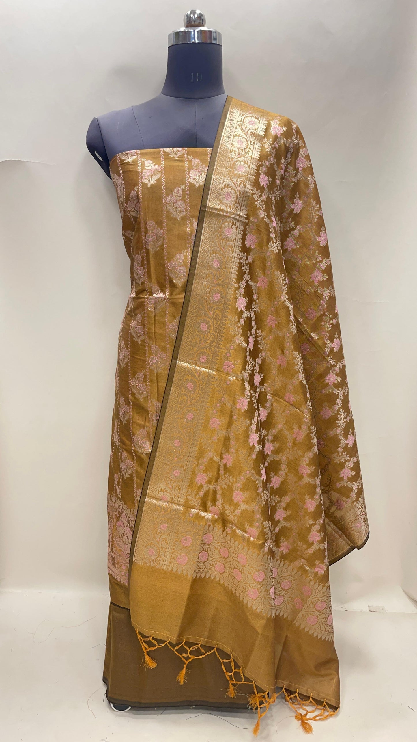 Faishana Presents Mustard Gold Semi Katan Silk Floral Minakari Booti Stripe 3 pcs Suit Set with Plain Bottom and Minakari Floral Zari Jaal Mustard Gold Dupatta ASD_145