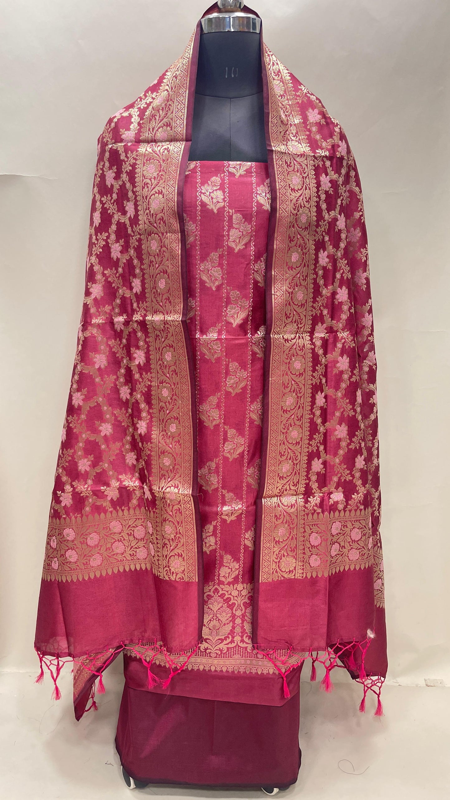 Faishana Presents Magenta Semi Katan Silk Floral Minakari Booti Stripe 3 pcs Suit Set with Plain Bottom and Minakari Floral Zari Jaal Magenta Dupatta ASD_146