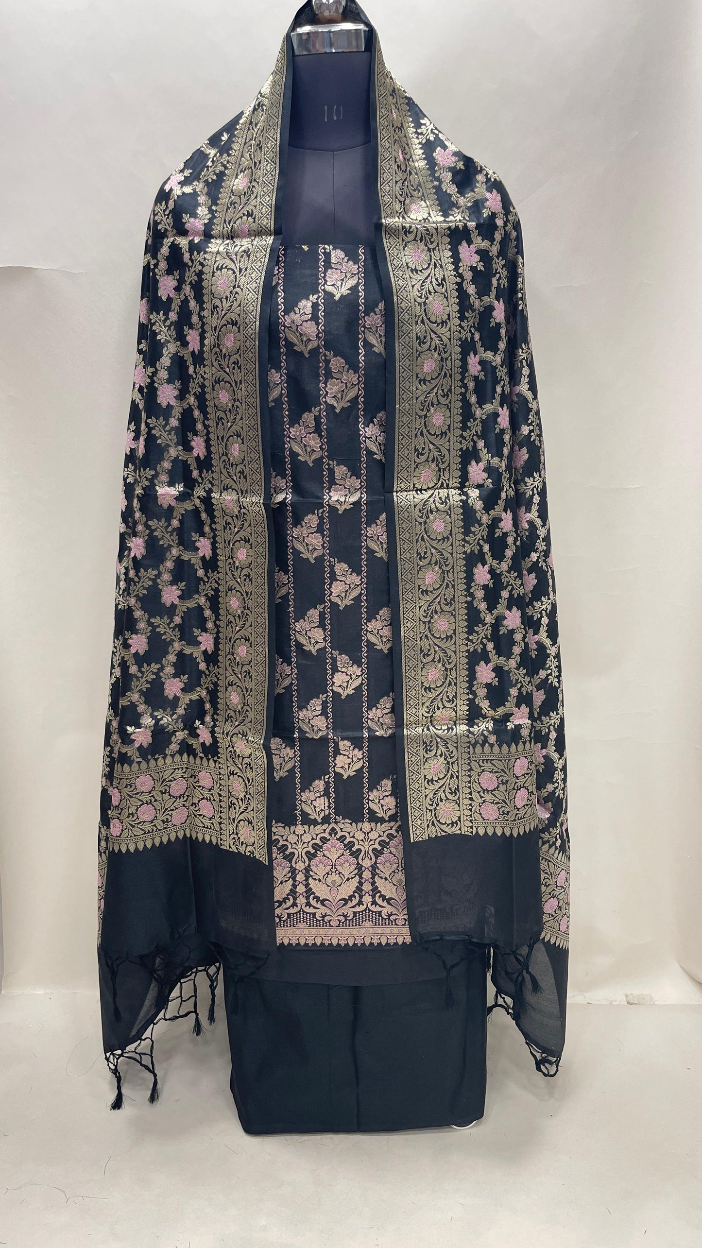 Faishana Presents Black Semi Katan Silk Floral Minakari Booti Stripe 3 pcs Suit Set with Plain Bottom and Minakari Floral Zari Jaal Black Dupatta 147