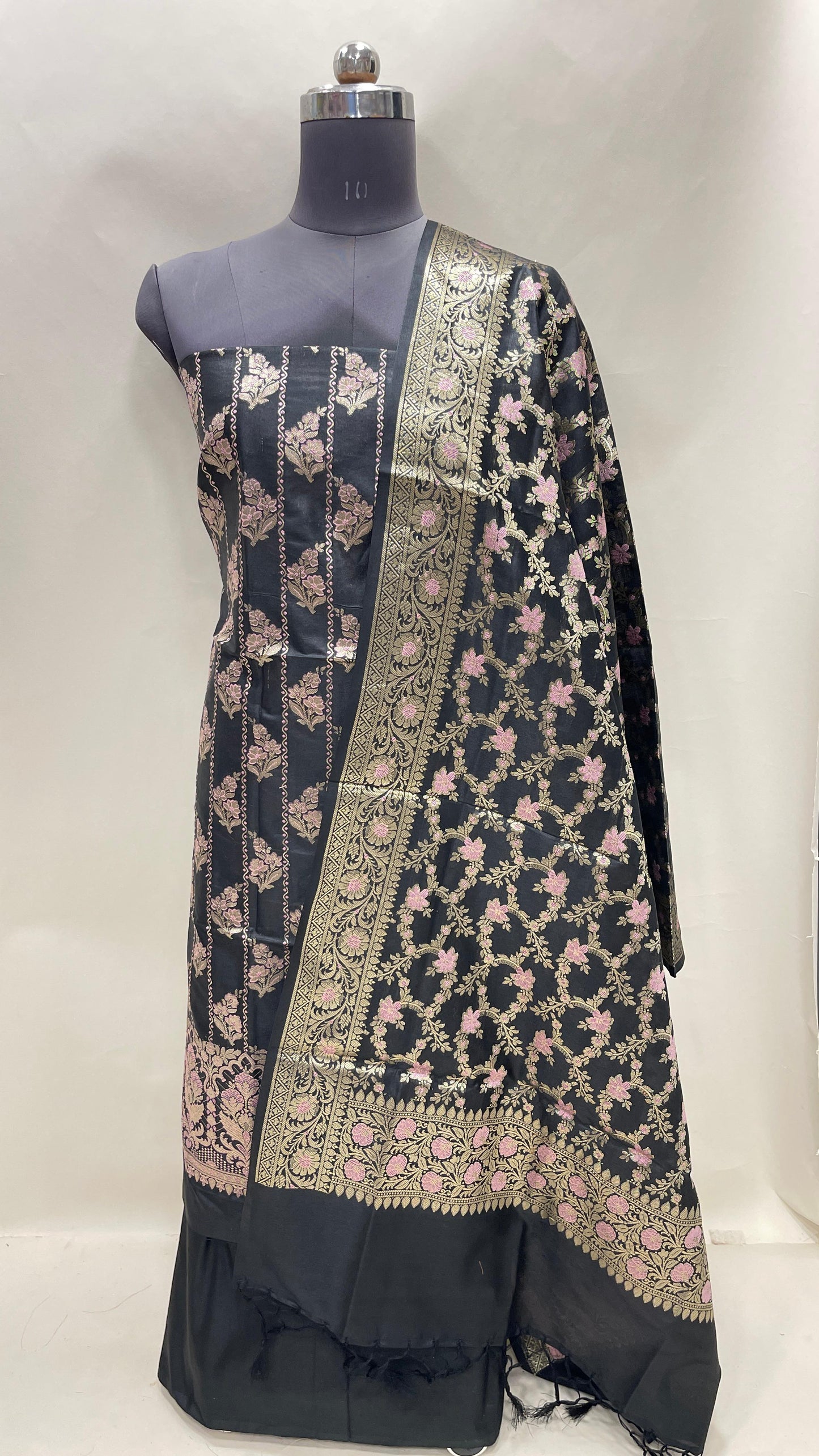 Faishana Presents Black Semi Katan Silk Floral Minakari Booti Stripe 3 pcs Suit Set with Plain Bottom and Minakari Floral Zari Jaal Black Dupatta 147