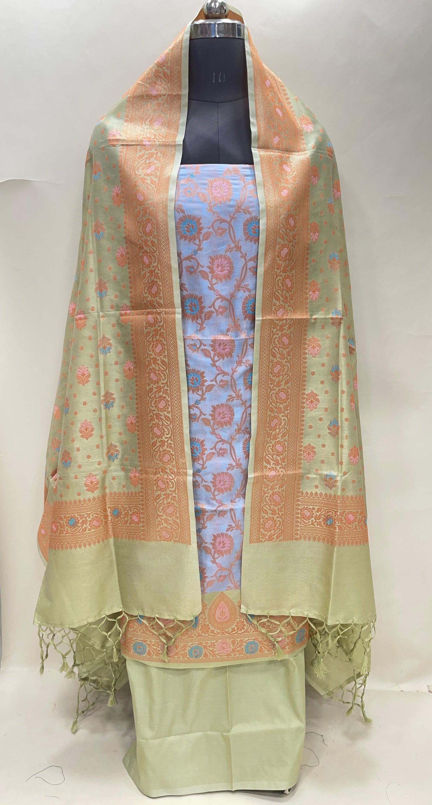 Faishana Presents Sky Blue Semi Katan Silk Floral Minakari Jaal 3 pcs Suit Set with Contrast Green Bottom and Minakari Floral Booti Light Green Dupatta ASD_149