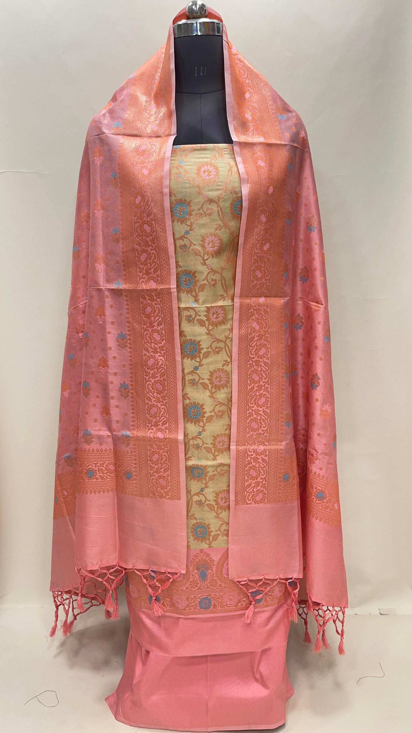 Faishana Presents Light Green Semi Katan Silk Floral Minakari Jaal 3 pcs Suit Set with Contrast Peach Bottom and Minakari Floral Booti Peach Dupatta ASD_150