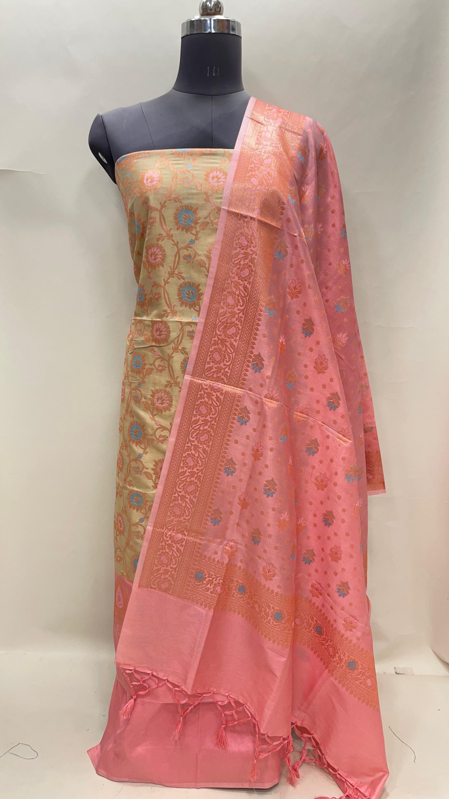 Faishana Presents Light Green Semi Katan Silk Floral Minakari Jaal 3 pcs Suit Set with Contrast Peach Bottom and Minakari Floral Booti Peach Dupatta ASD_150
