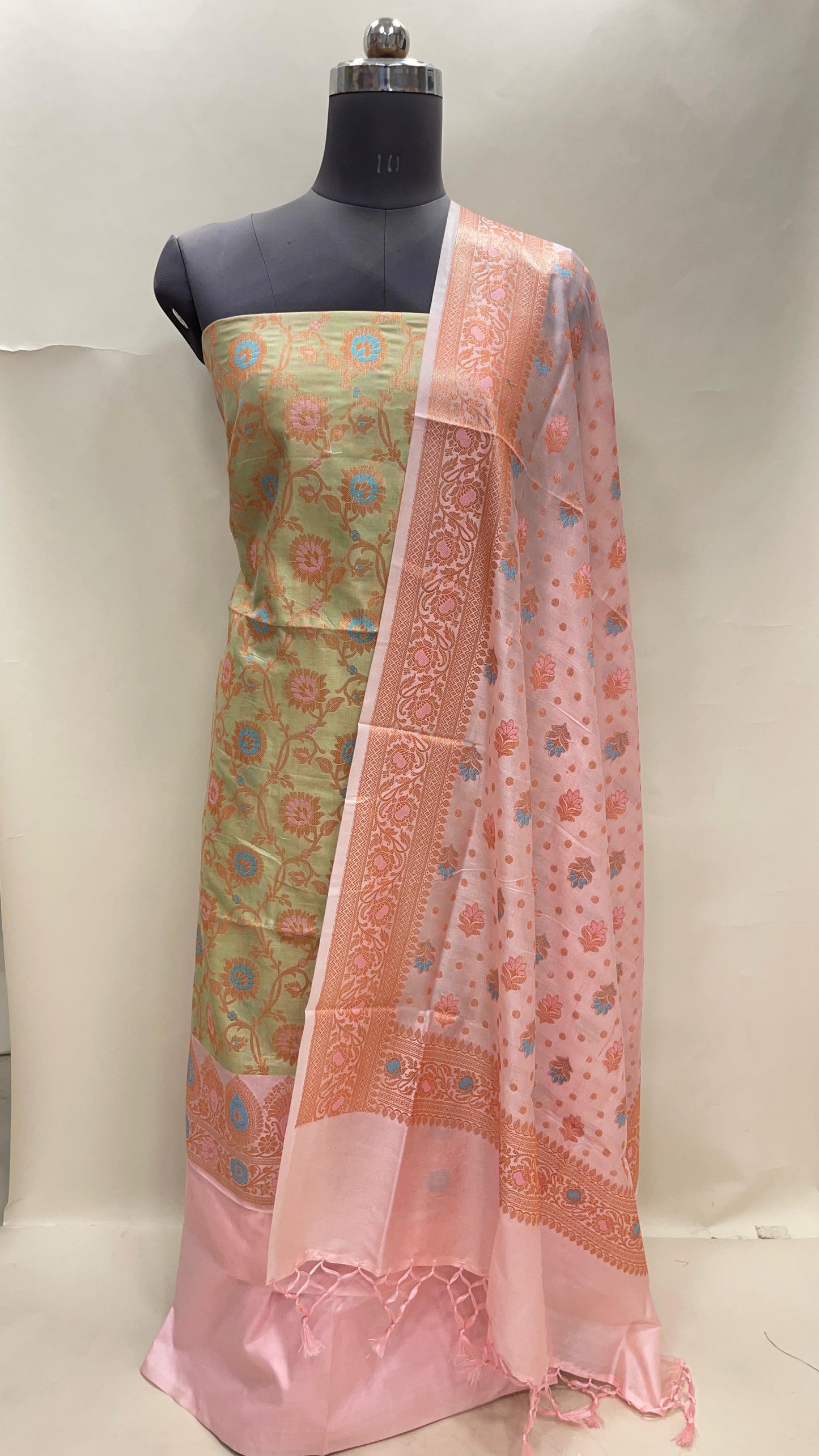 Faishana Presents Pista Green Semi Katan Silk Floral Minakari Jaal 3 pcs Suit Set with Contrast Baby Pink Bottom and Minakari Floral Booti Baby Pink Dupatta ASD_152