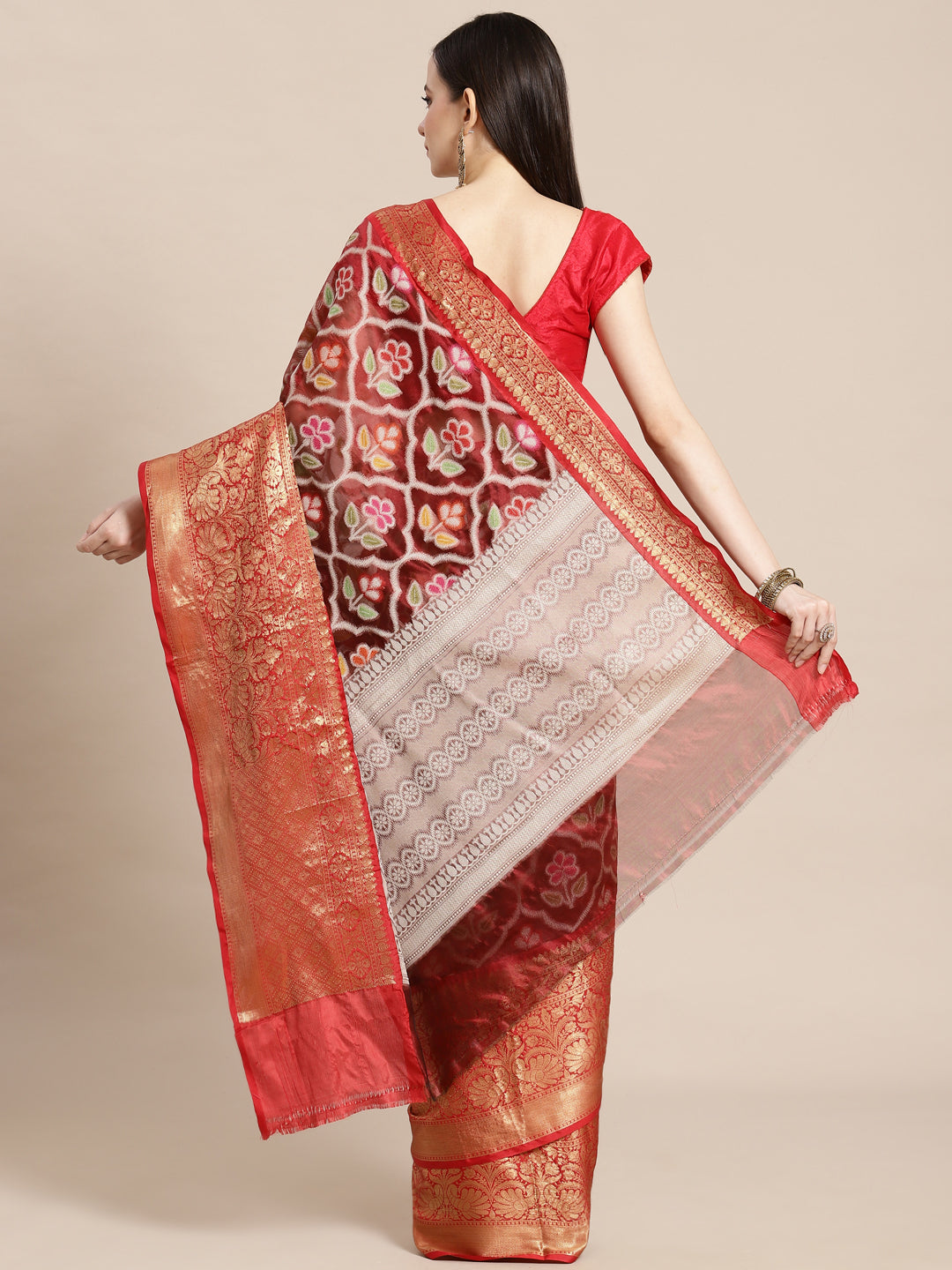 Faishana Presents Maroon & Red Ikkat Patola Art Silk Kanchi Pattu Border With Red Blouse Banarasi Saree