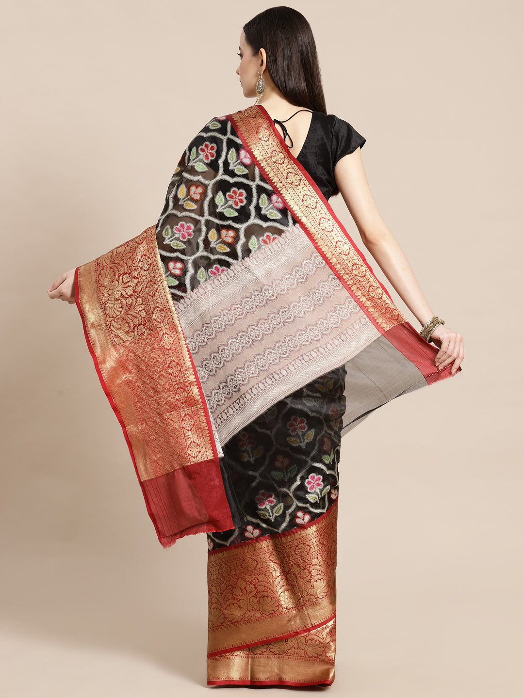 Faishana Presents Black & Maroon Ikkat Patola Art Silk Skirt Pattu Border With Maroon Blouse Banarasi Saree