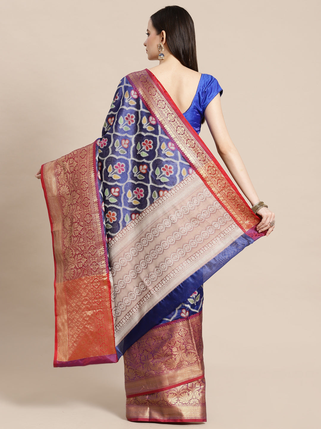 Faishana Presents Royal Blue & Magenta Ikkat Patola Art Silk Skirt Pattu Border With Magenta Blouse Banarasi Saree