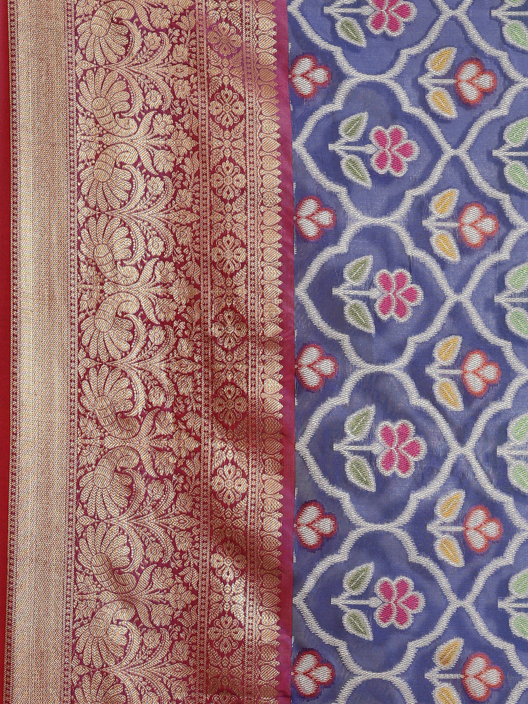 Faishana Presents Royal Blue & Magenta Ikkat Patola Art Silk Skirt Pattu Border With Magenta Blouse Banarasi Saree