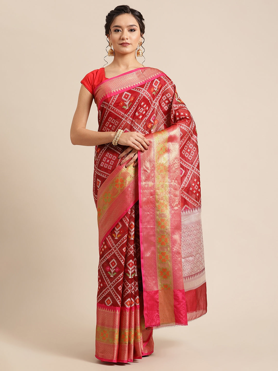 Faishana Presents Maroon & Pink Ikkat Patola Art Silk Skirt Ikkat Pattu Border With Pink Blouse Banarasi Saree