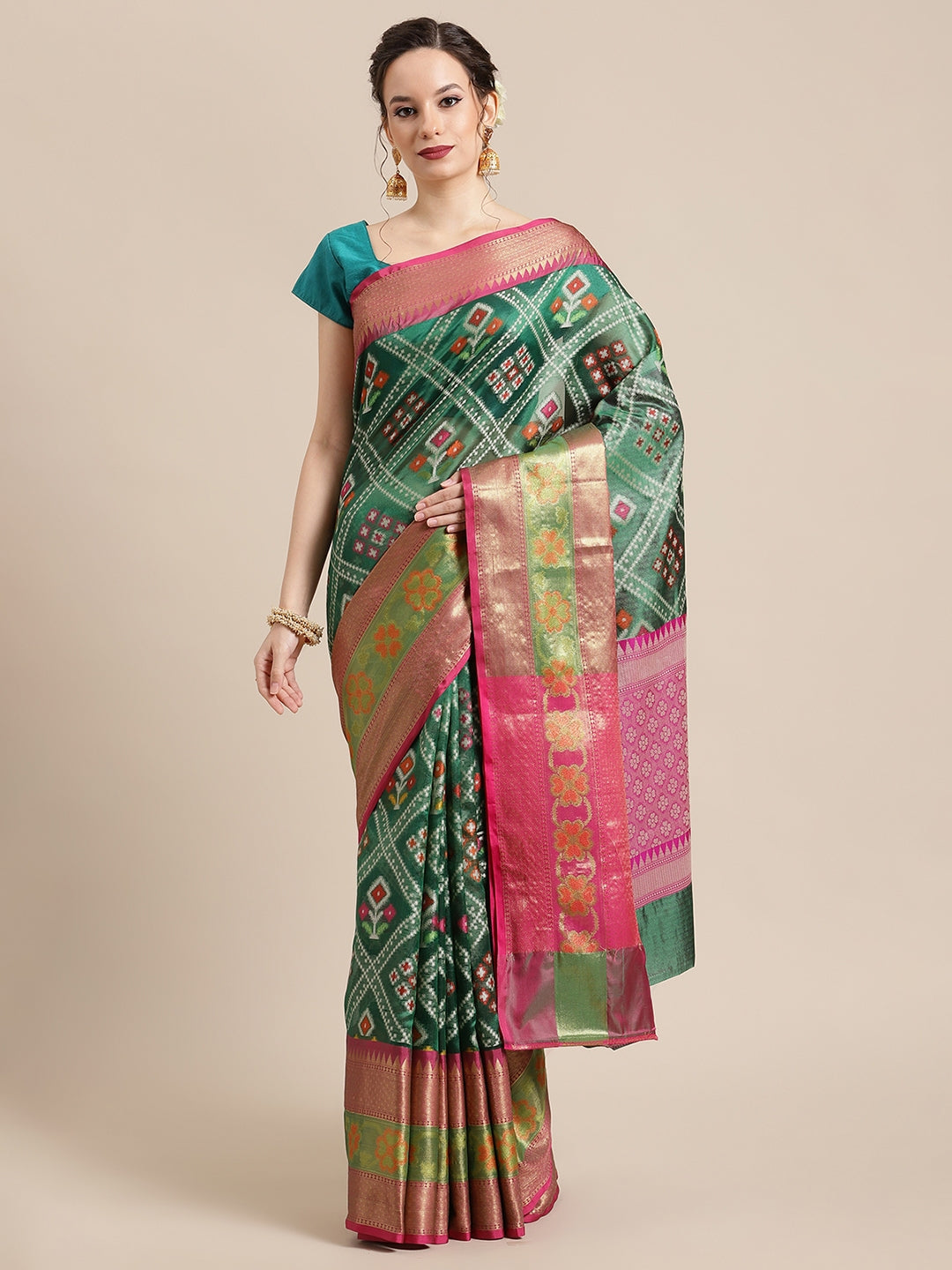 Faishana Presents Green & Pink Ikkat Patola Art Silk Skirt Ikkat Pattu Border With Pink Blouse Saree