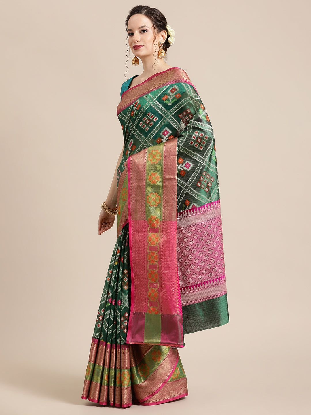 Faishana Presents Green & Pink Ikkat Patola Art Silk Skirt Ikkat Pattu Border With Pink Blouse Saree