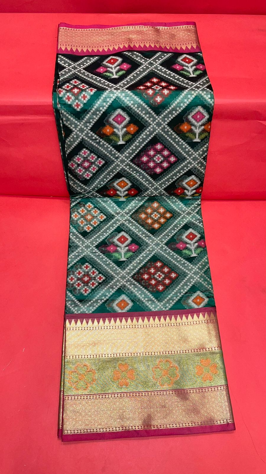 Faishana Presents Green & Pink Ikkat Patola Art Silk Skirt Ikkat Pattu Border With Pink Blouse Saree