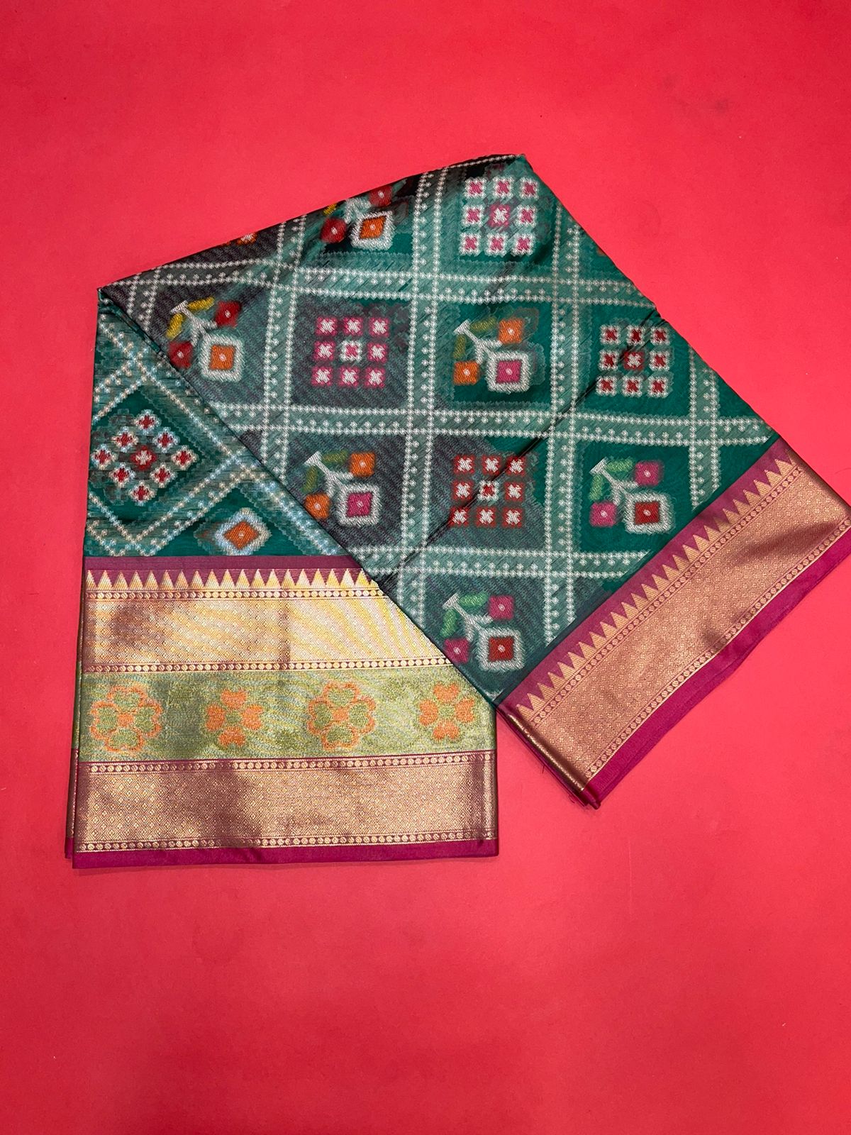 Faishana Presents Green & Pink Ikkat Patola Art Silk Skirt Ikkat Pattu Border With Pink Blouse Saree