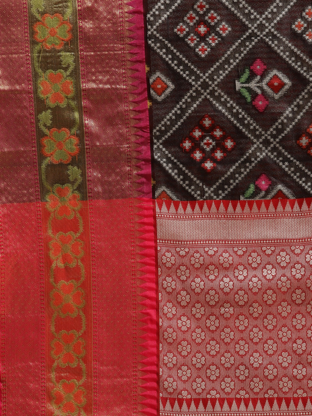 Faishana Presents Black & Magenta Ikkat Patola Art Silk Skirt Pattu Border With Magenta Blouse Banarasi Saree