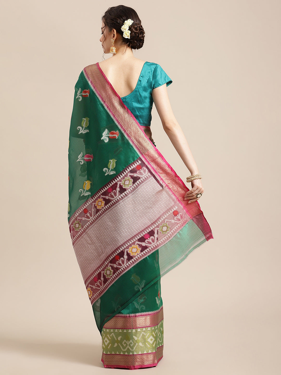 Faishana Presents Bottle Green & Pink Ikkat Patola Art Silk Skirt Pattu Border With Pink Blouse Banarasi Saree