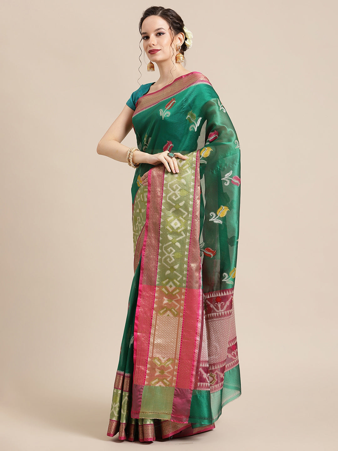 Faishana Presents Bottle Green & Pink Ikkat Patola Art Silk Skirt Pattu Border With Pink Blouse Banarasi Saree