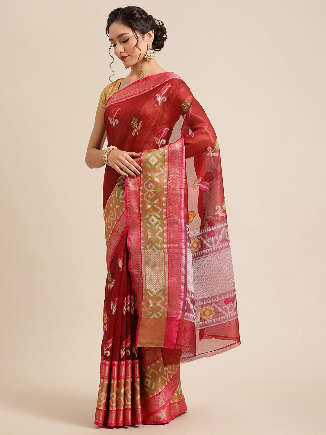 Faishana Presents Maroon & Pink Ikkat Patola Art Silk Skirt Pattu Border With Pink Blouse Banarasi Saree