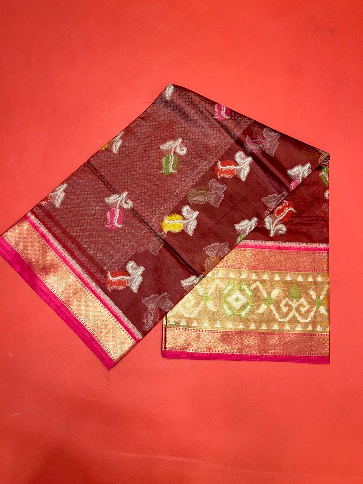 Faishana Presents Maroon & Pink Ikkat Patola Art Silk Skirt Pattu Border With Pink Blouse Banarasi Saree