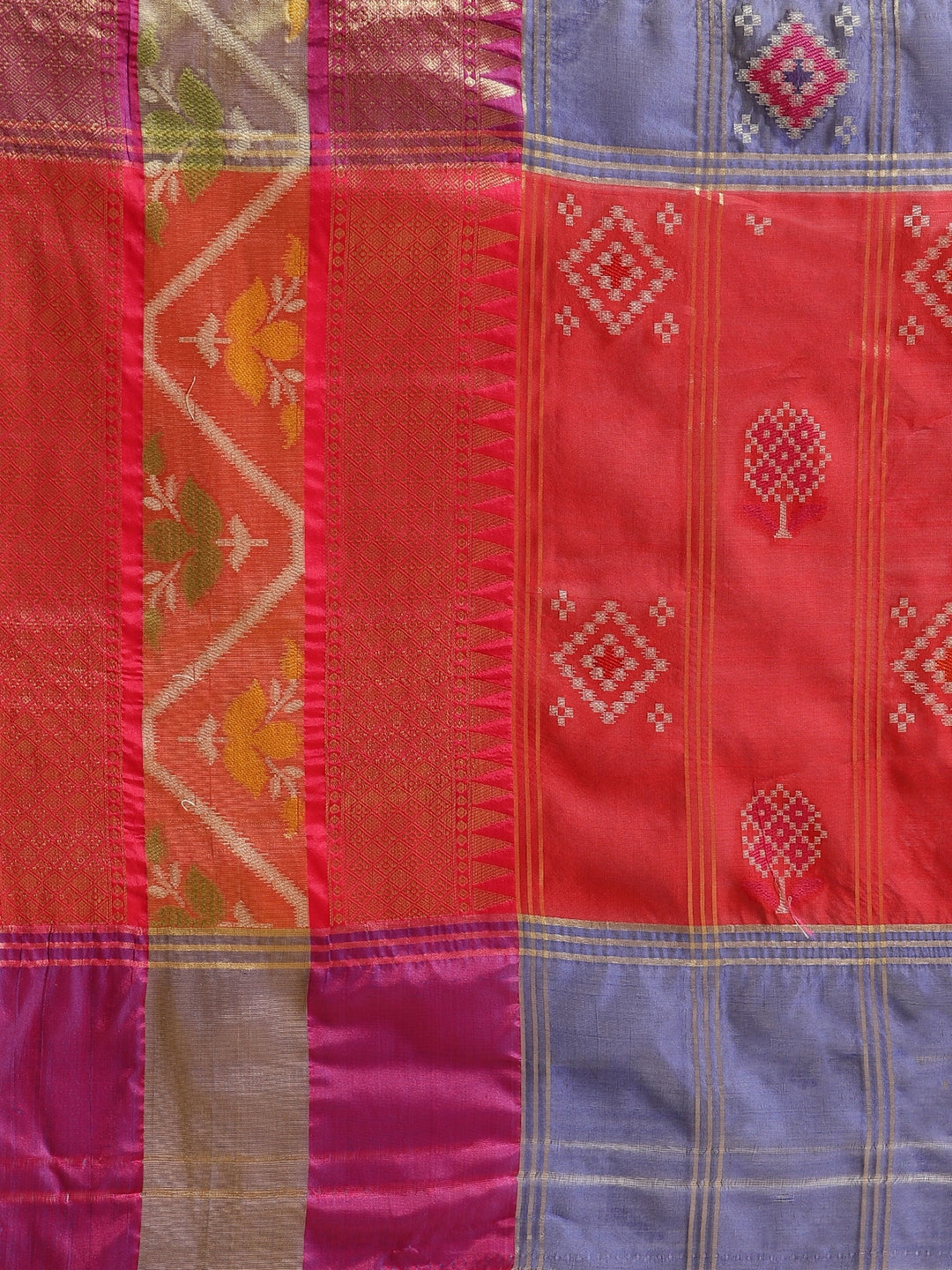 Faishana Presents Royal Blue & Red Rajkot Patola Art Silk Skirt Pattu Border With Red Blouse Banarasi Saree