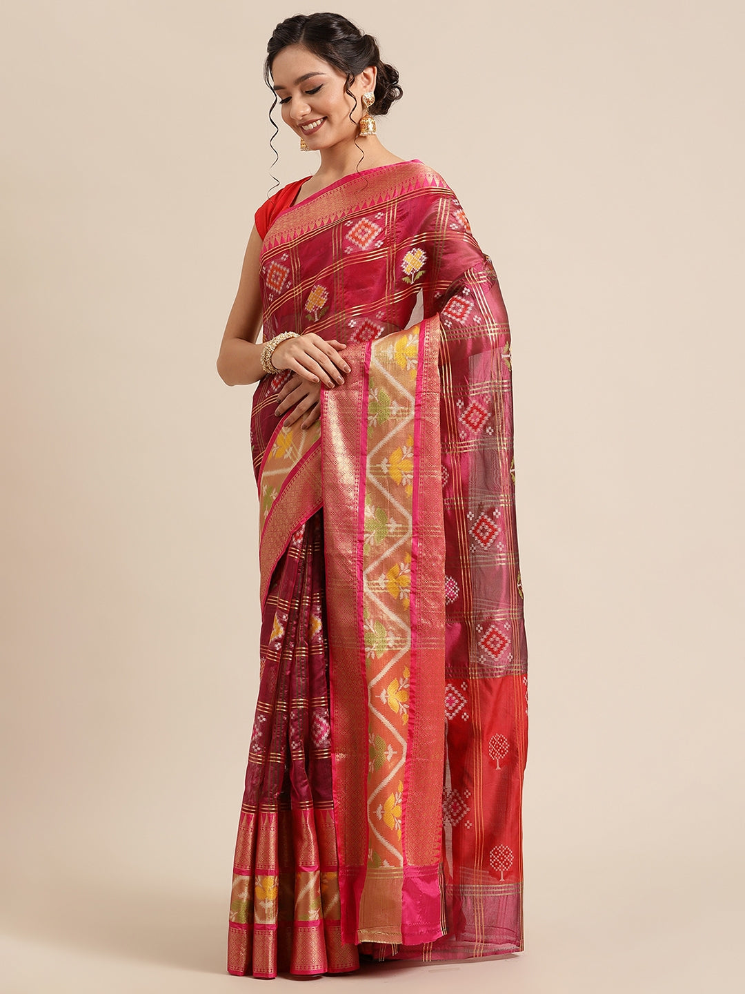 Faishana Presents Magenta & Red Rajkot Patola Art Silk Skirt Pattu Border With Red Blouse Banarasi Saree