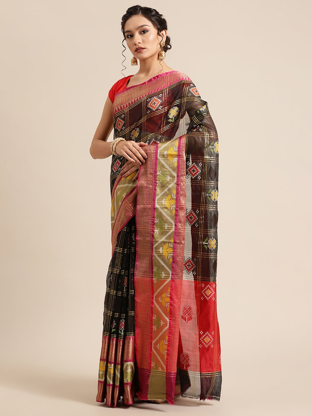 Faishana Presents Black & Red Rajkot Patola Art Silk Skirt Pattu Border With Red Blouse Banarasi Saree
