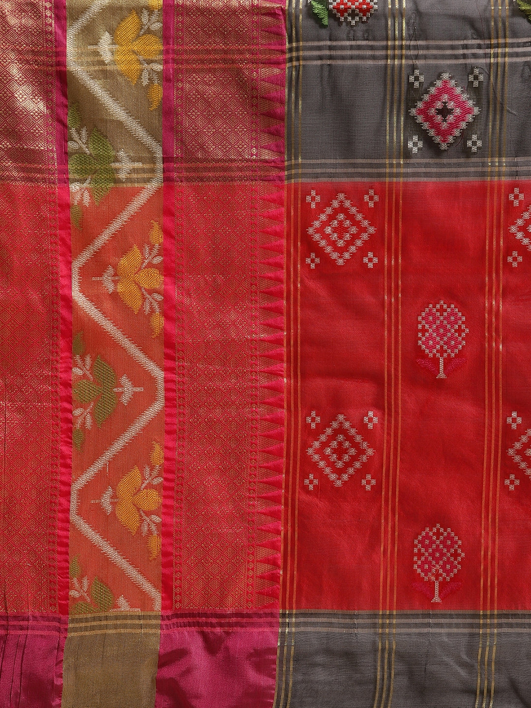 Faishana Presents Black & Red Rajkot Patola Art Silk Skirt Pattu Border With Red Blouse Banarasi Saree