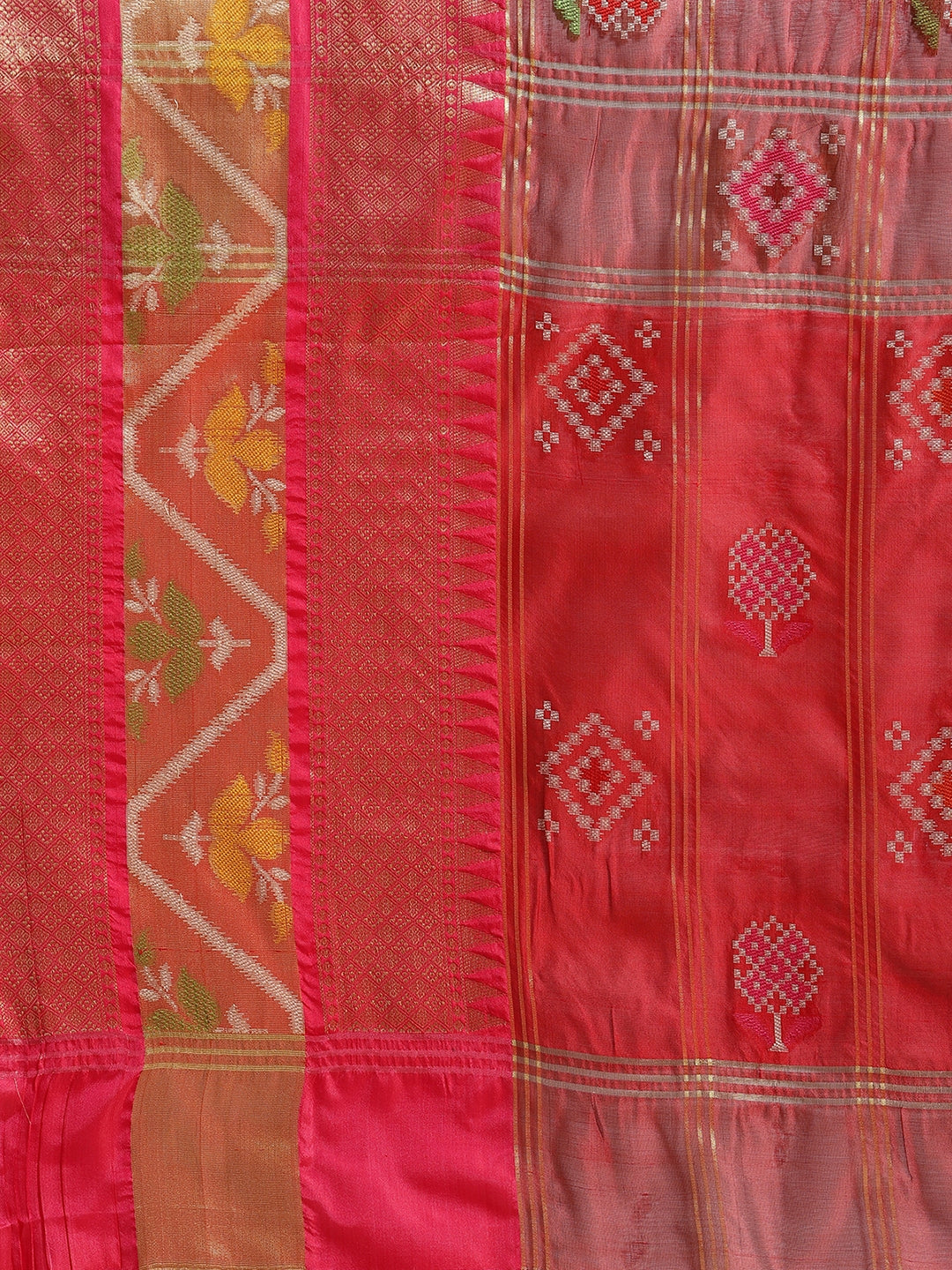 Faishana Presents Maroon & Red Rajkot Patola Art Silk Skirt Pattu Border With Red Blouse Banarasi Saree