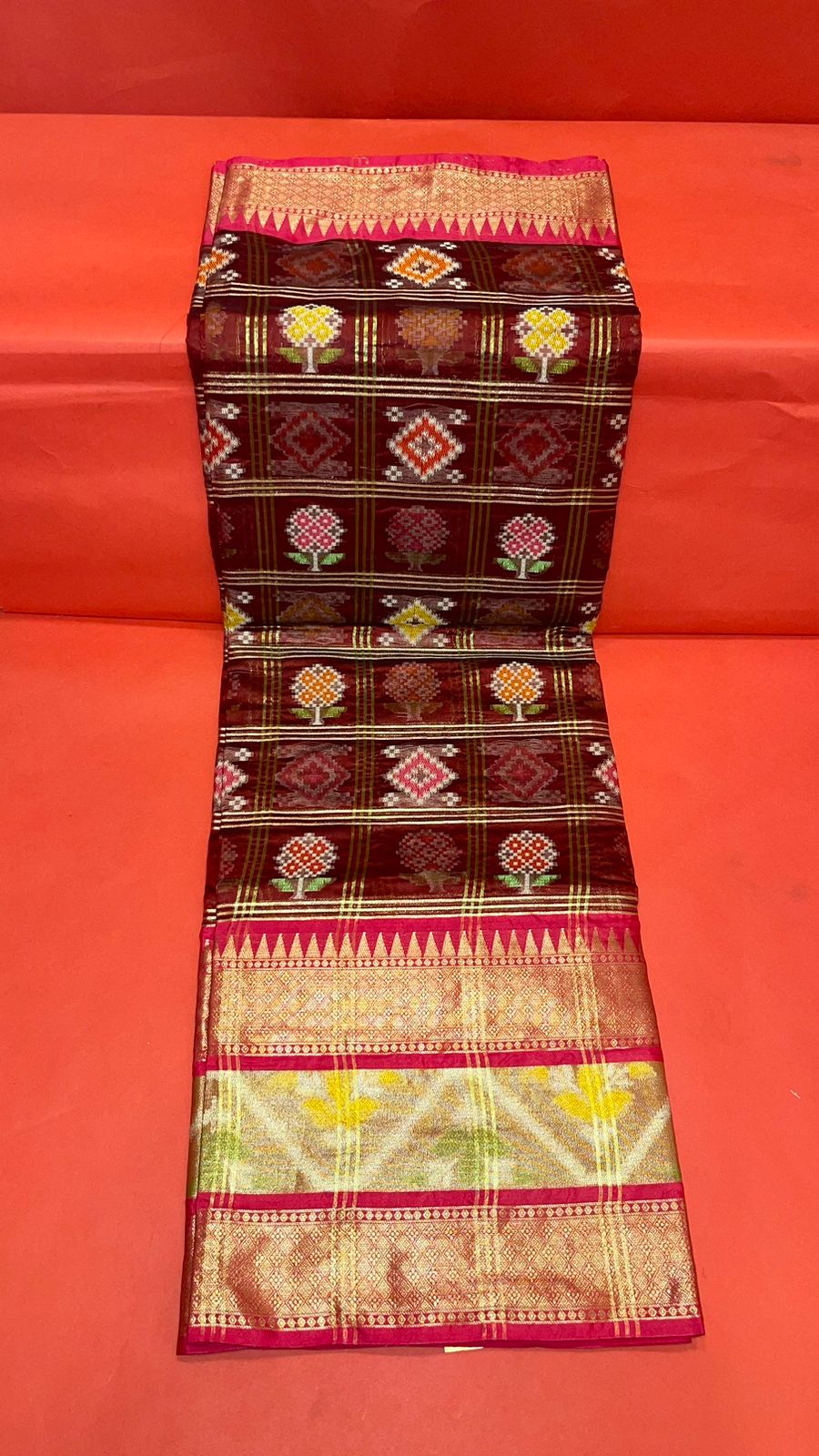 Faishana Presents Maroon & Red Rajkot Patola Art Silk Skirt Pattu Border With Red Blouse Banarasi Saree